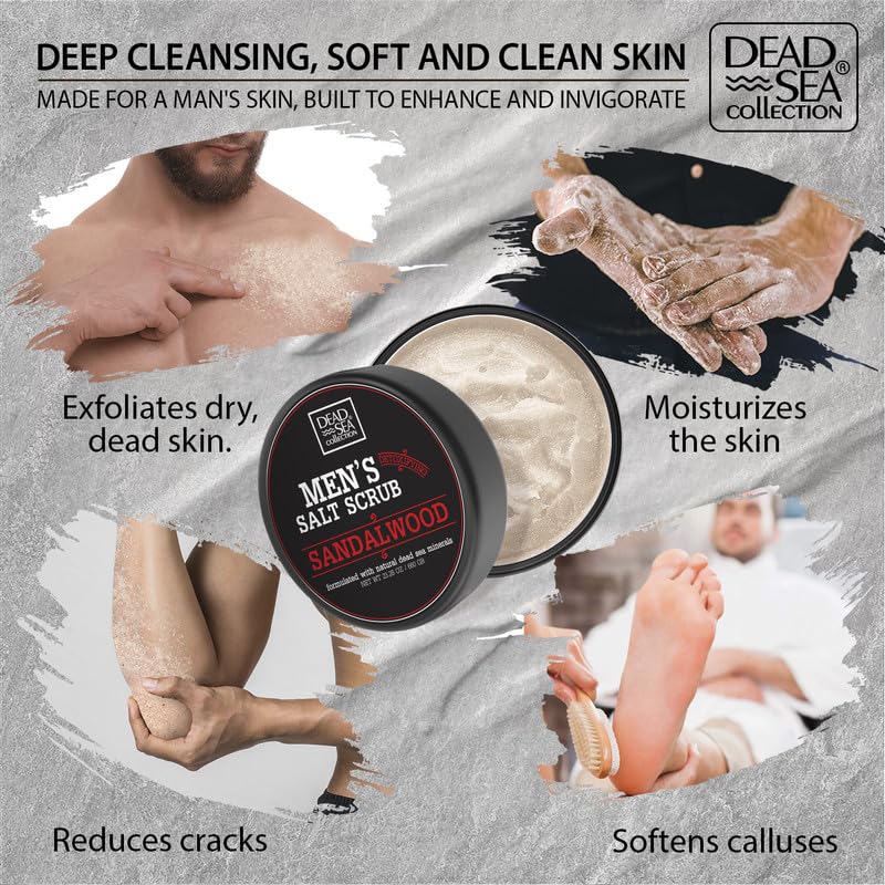 Dead Sea Collection Salt Body Scrub Sandalwood 23-28-oz jar highlighting long-lasting exfoliation and moisture.
