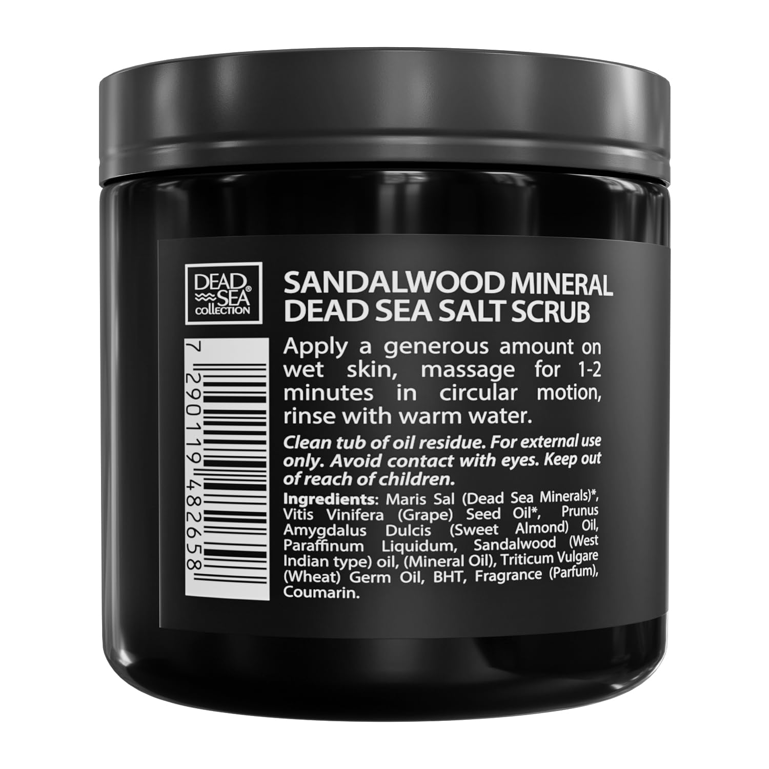 Dead Sea Collection Salt Body Scrub Sandalwood for Men use scenario shows grooming routine.