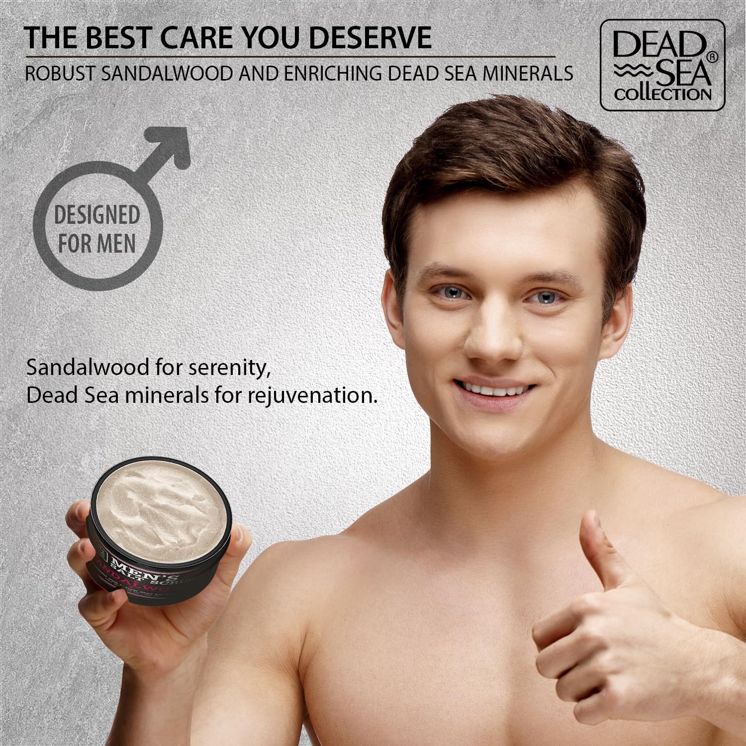 Dead Sea Collection Salt Body Scrub Sandalwood hand-application demonstrates easy at-home ritual.
