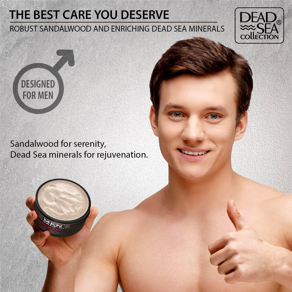 Dead Sea Collection Salt Body Scrub Sandalwood hand-application demonstrates easy at-home ritual.