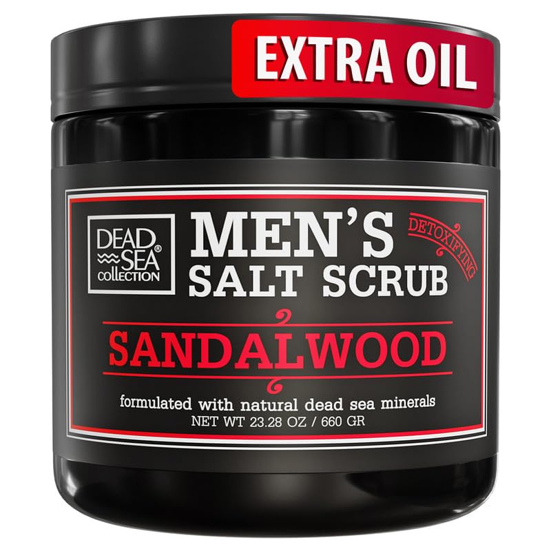 Dead Sea Collection Salt Body Scrub Sandalwood jar front highlights exfoliation.