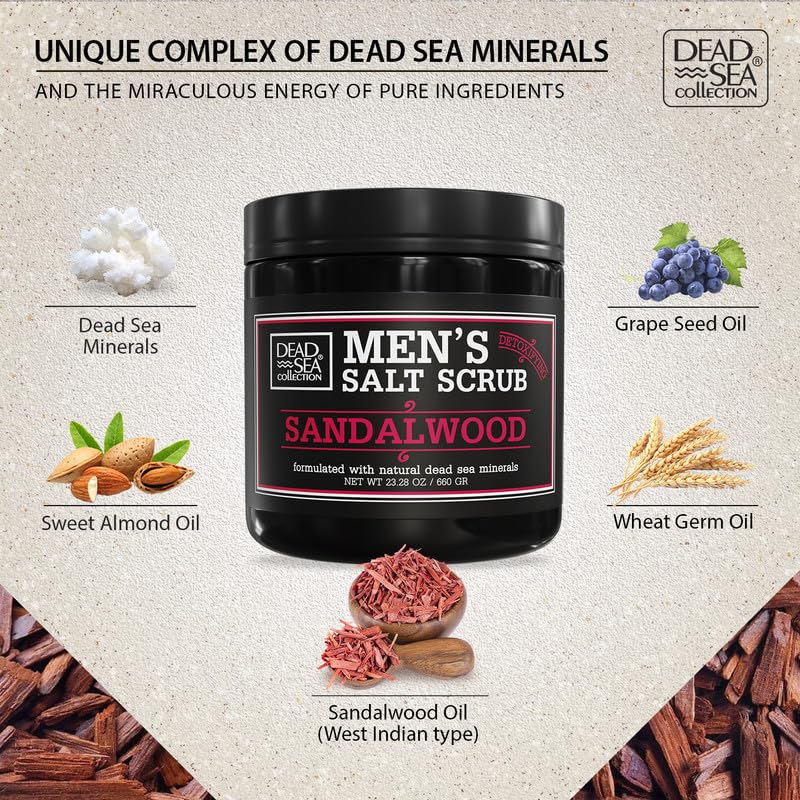 Dead Sea Collection Salt Body Scrub Sandalwood label highlights minerals for healthy skin.