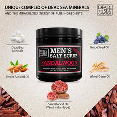 Dead Sea Collection Salt Body Scrub Sandalwood label highlights minerals for healthy skin.