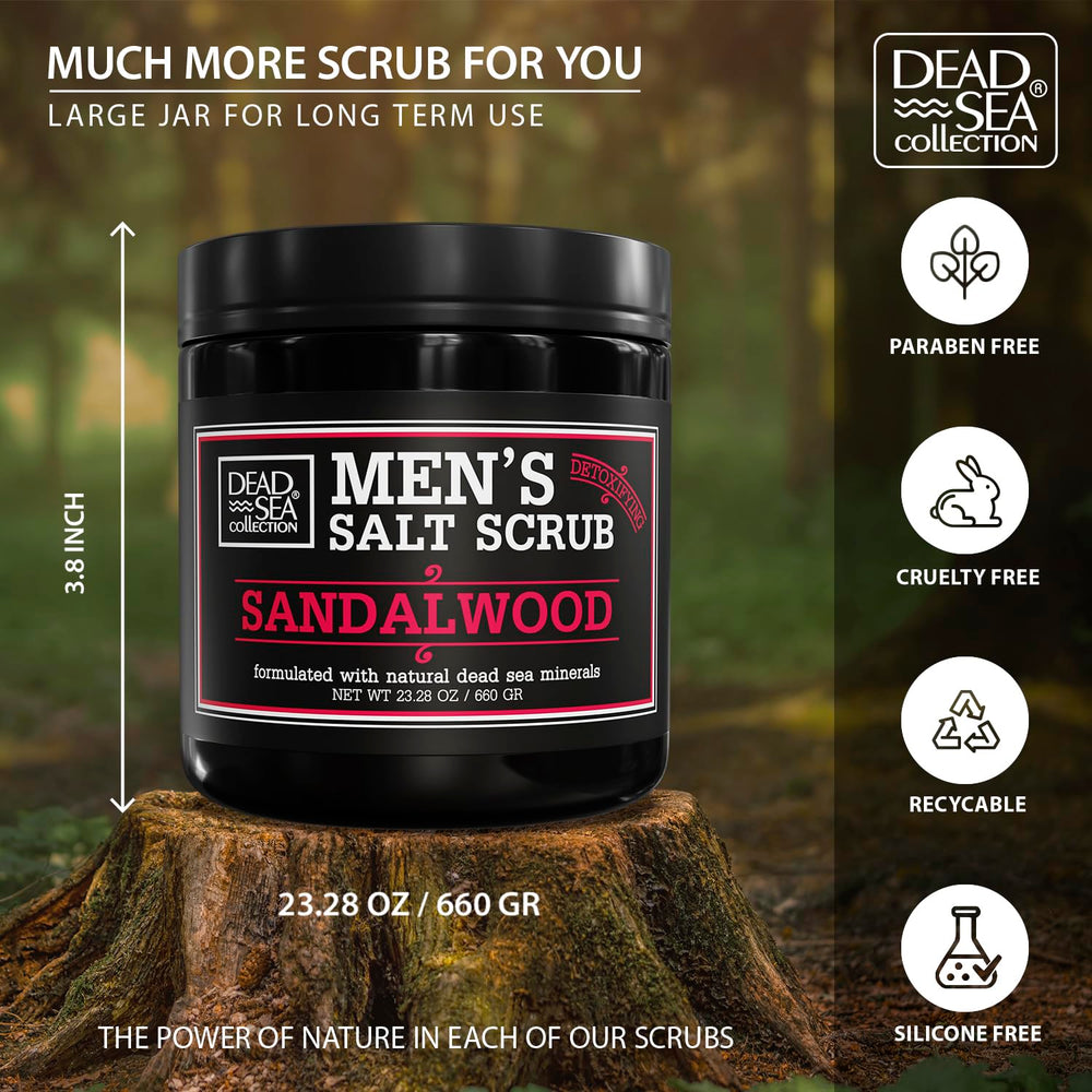 Dead Sea Collection Salt Body Scrub Sandalwood aroma diffusion highlights invigorating scent.