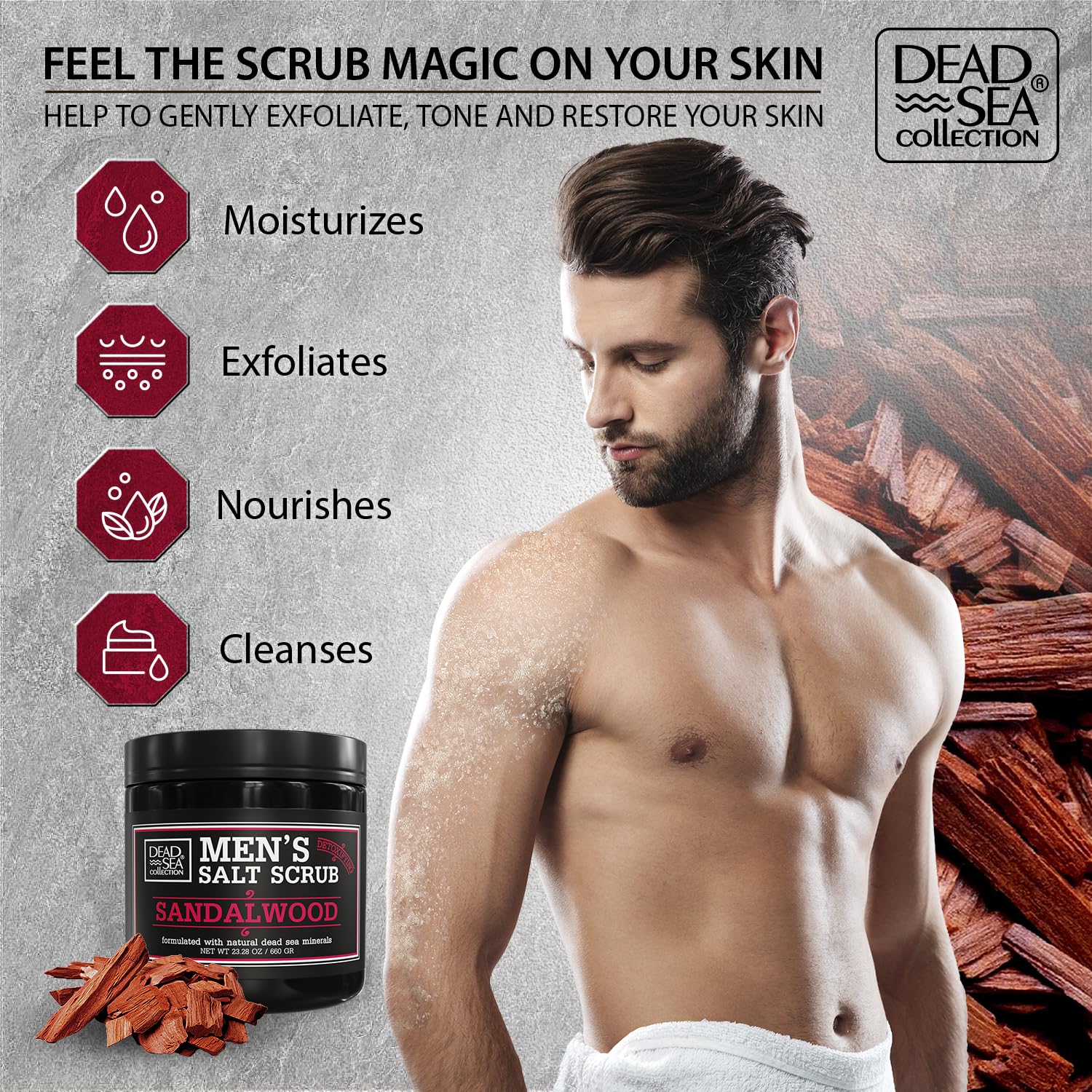 Dead Sea Collection Salt Body Scrub Sandalwood texture closeup shows gritty exfoliants.