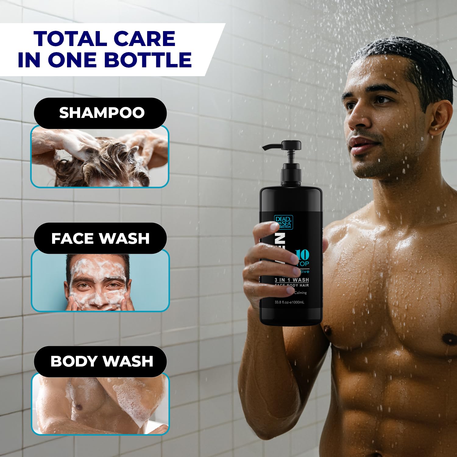 Dead Sea Collection sandalwood bottle close-up highlights thick luxurious lather for body and hair.