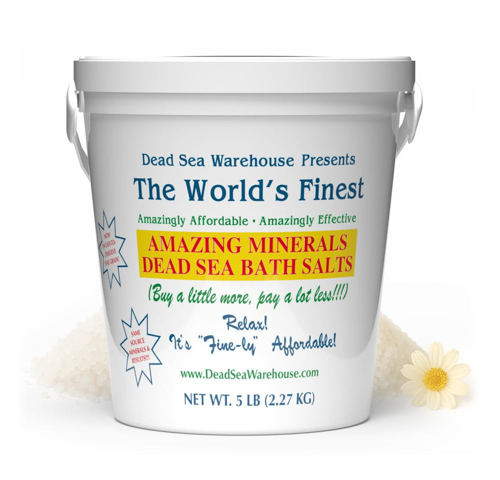 Dead Sea Warehouse Amazing Minerals Bath Salts open bag shows premium minerals for a soothing soak.