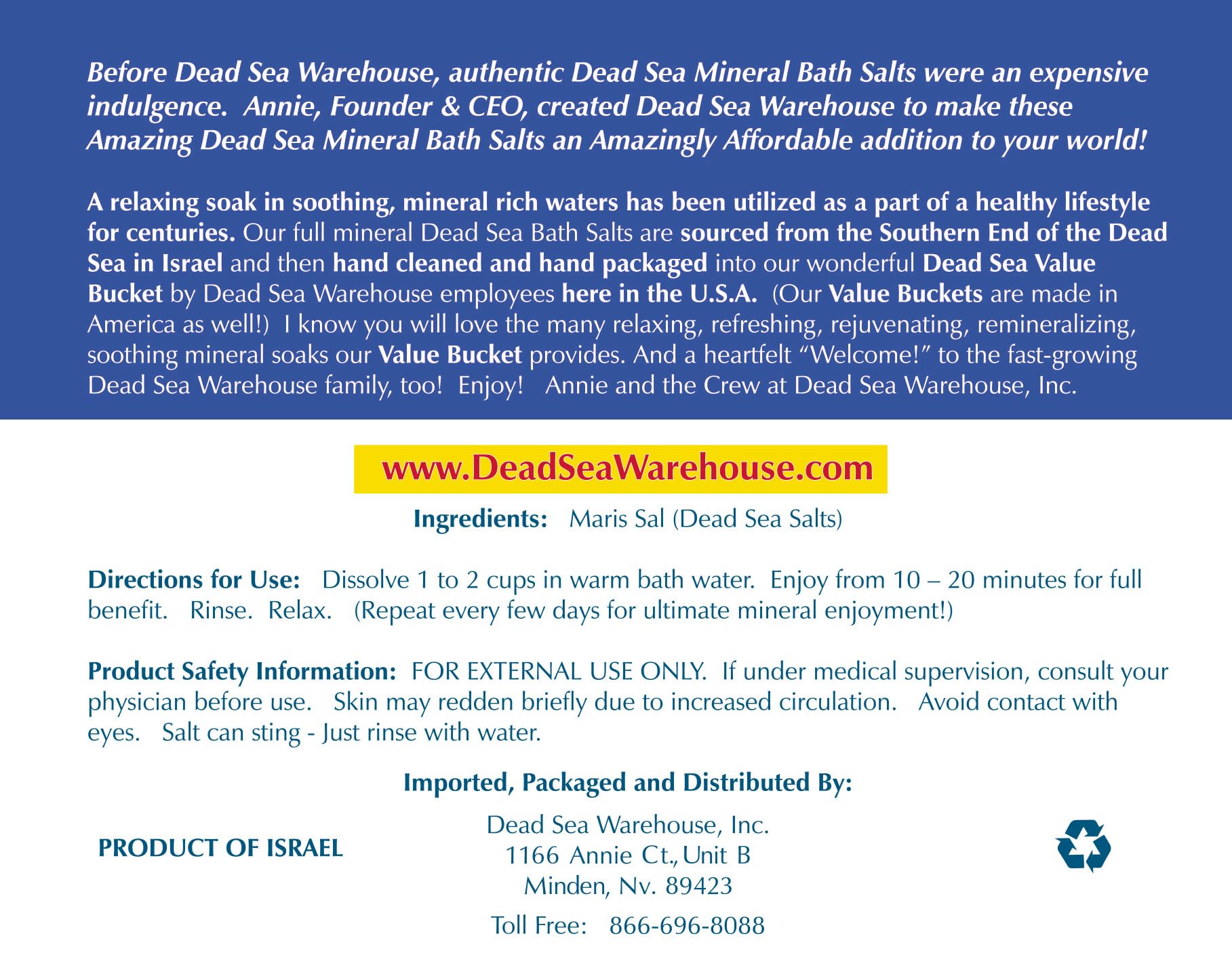 Dead Sea Warehouse unscented salts jar for fragrance-free, pure mineral soak.