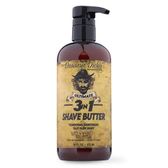 Deadeye Dick's 3-in-1 shave butter bottle close-up shows premium shaving quality