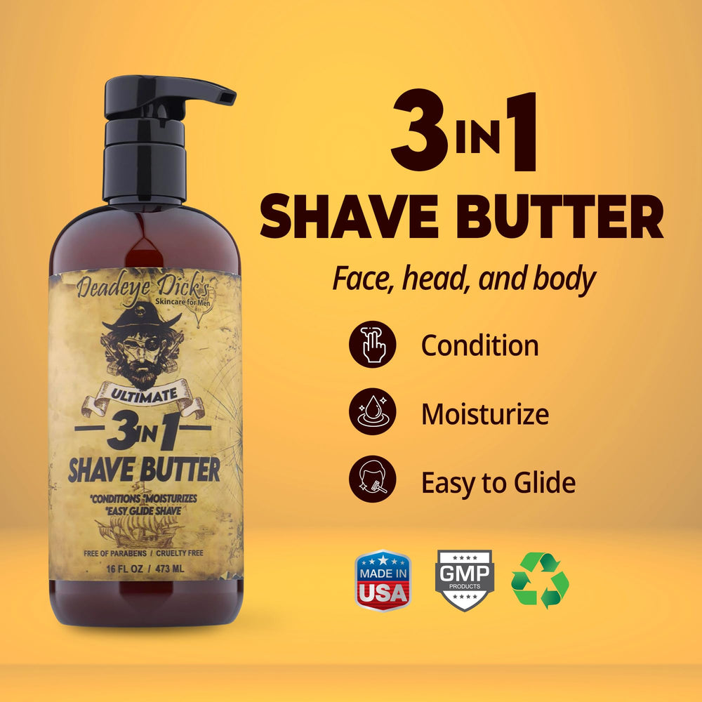 Deadeye Dick's shave butter jar exterior highlights all body shaving versatility
