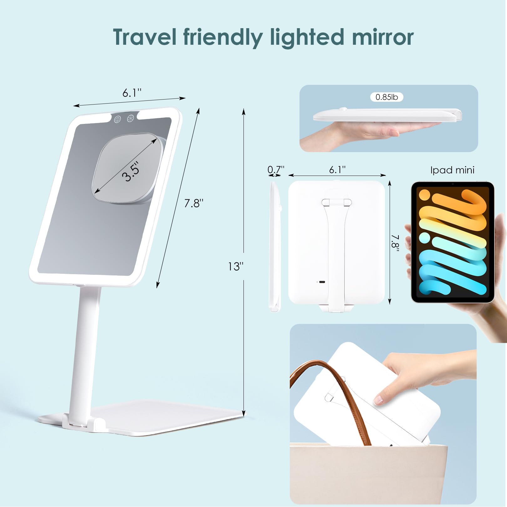 Dear girl travel mirror lighted front demonstrates built-in LED for clear daytime reflections.