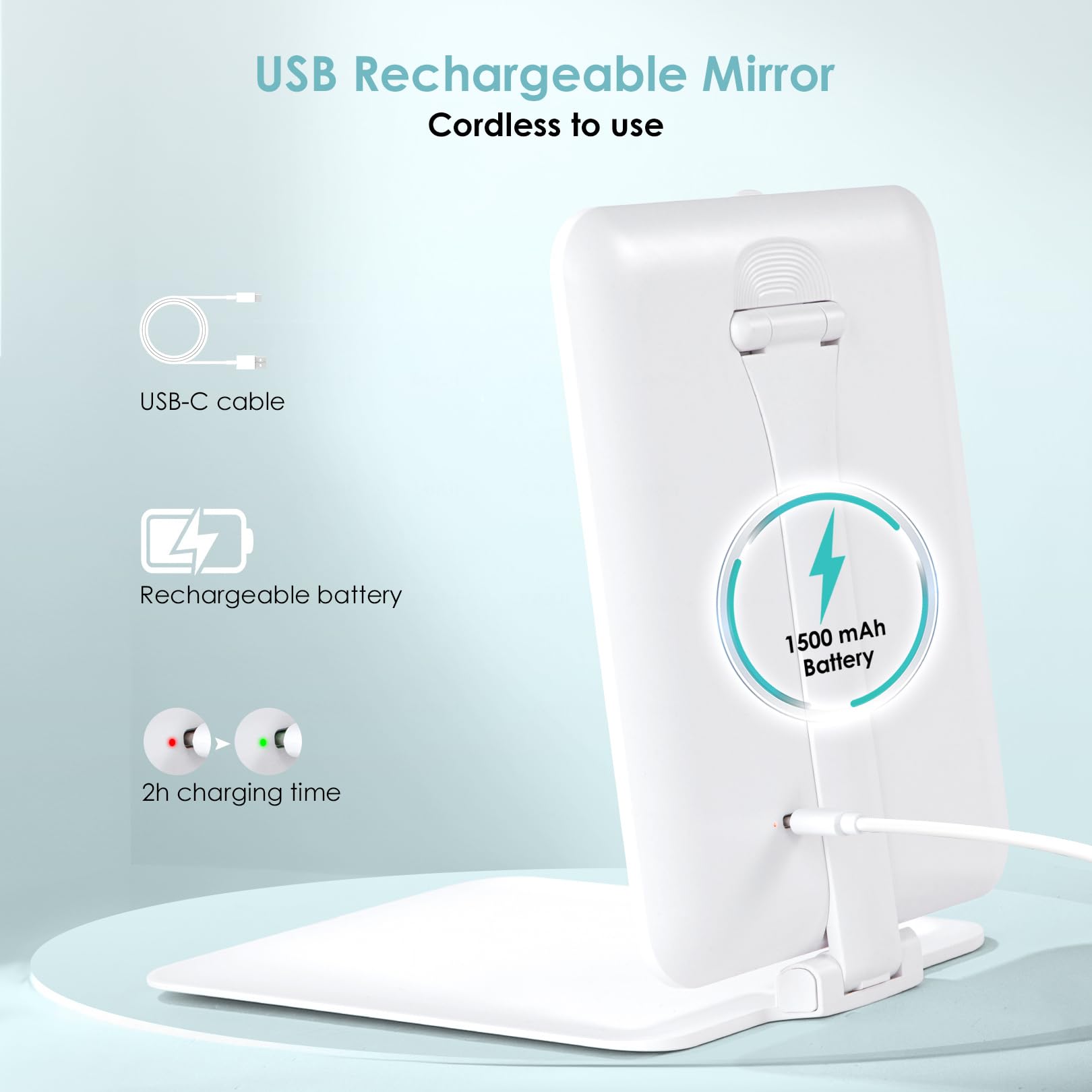 Dear girl travel mirror USB-C rechargeable design enables cordless use anywhere.