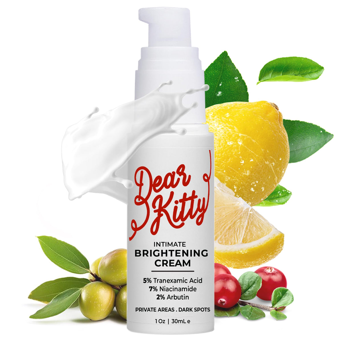 Dear Kitty dark spot cream intimate areas bottle pour for easy daily application.