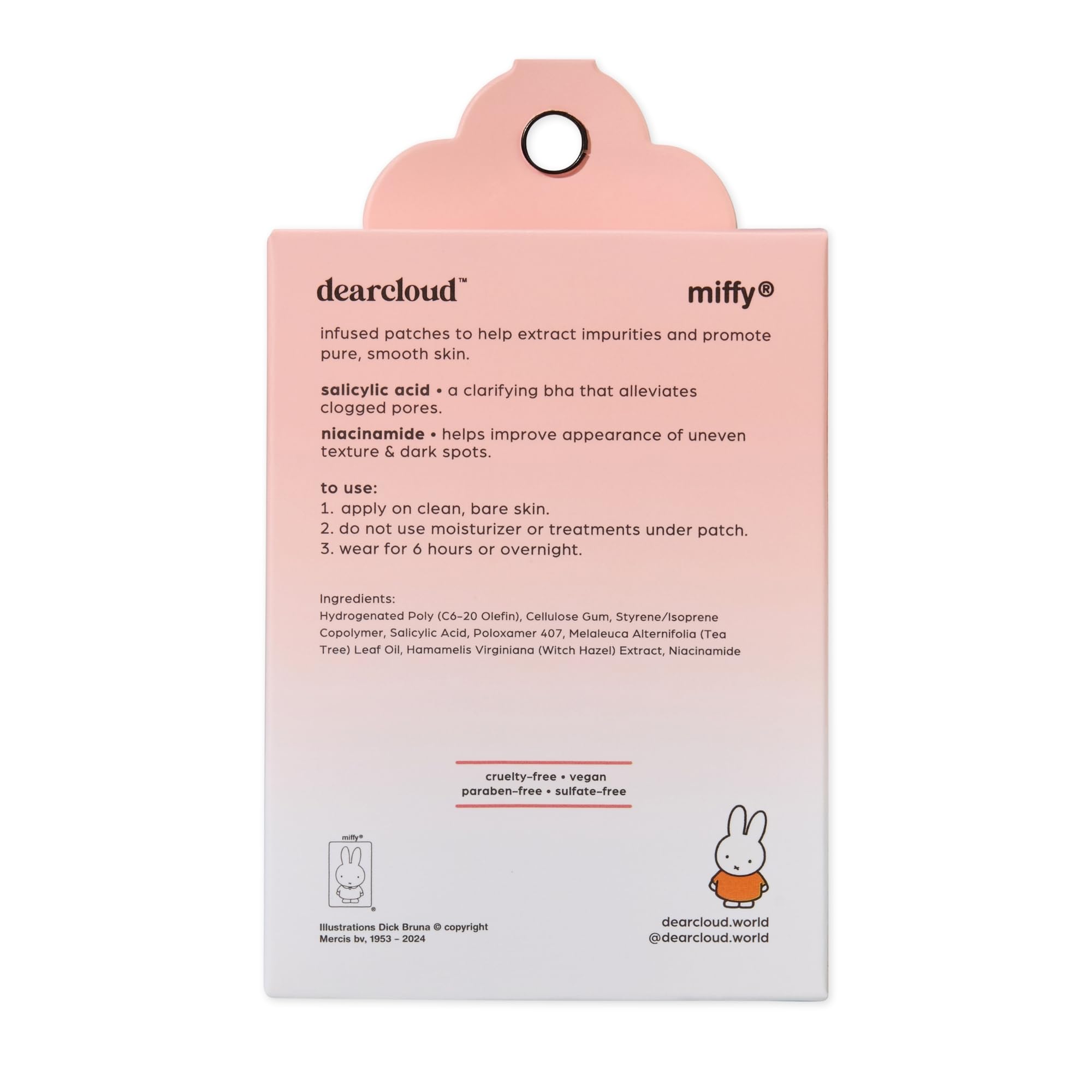 dearcloud Miffy patches ingredients label confirms vegan and cruelty-free credentials.