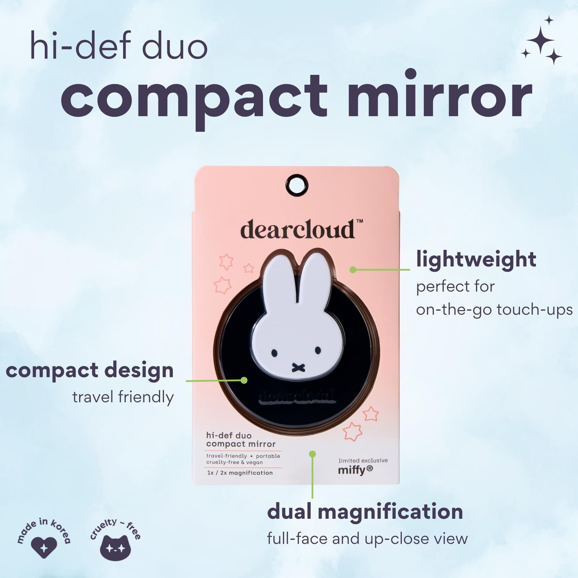 Dearcloud Miffy Hi-Def Duo Compact Mirror open 1x magnification provides full-face view for easy alignment.