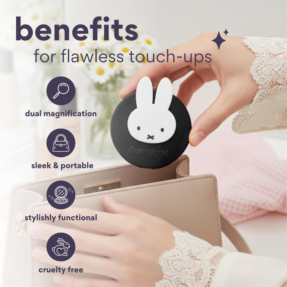 Dearcloud Miffy Hi-Def Duo Compact Mirror open 2x magnification enables precise detail work during makeup.