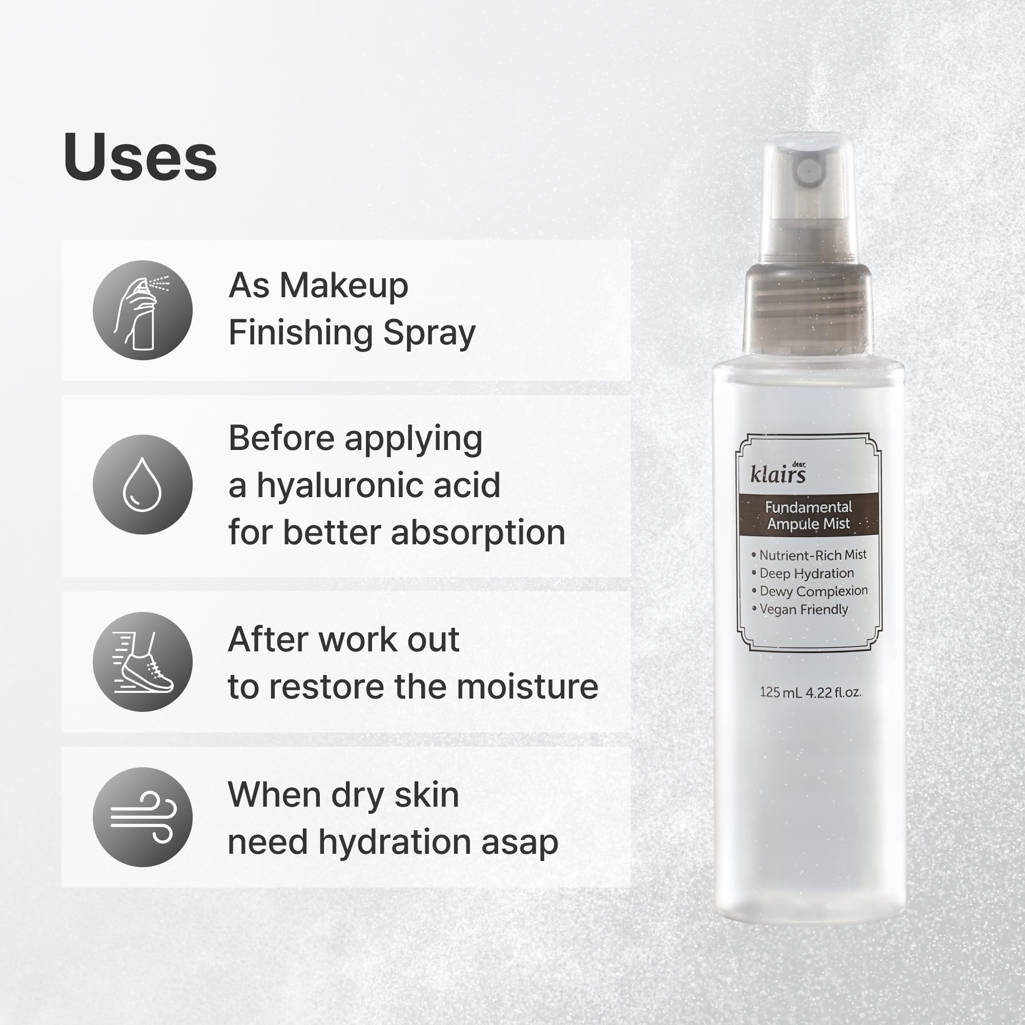 DearKlairs Fragrance-free mist label indicates gentle, irritation-free use.