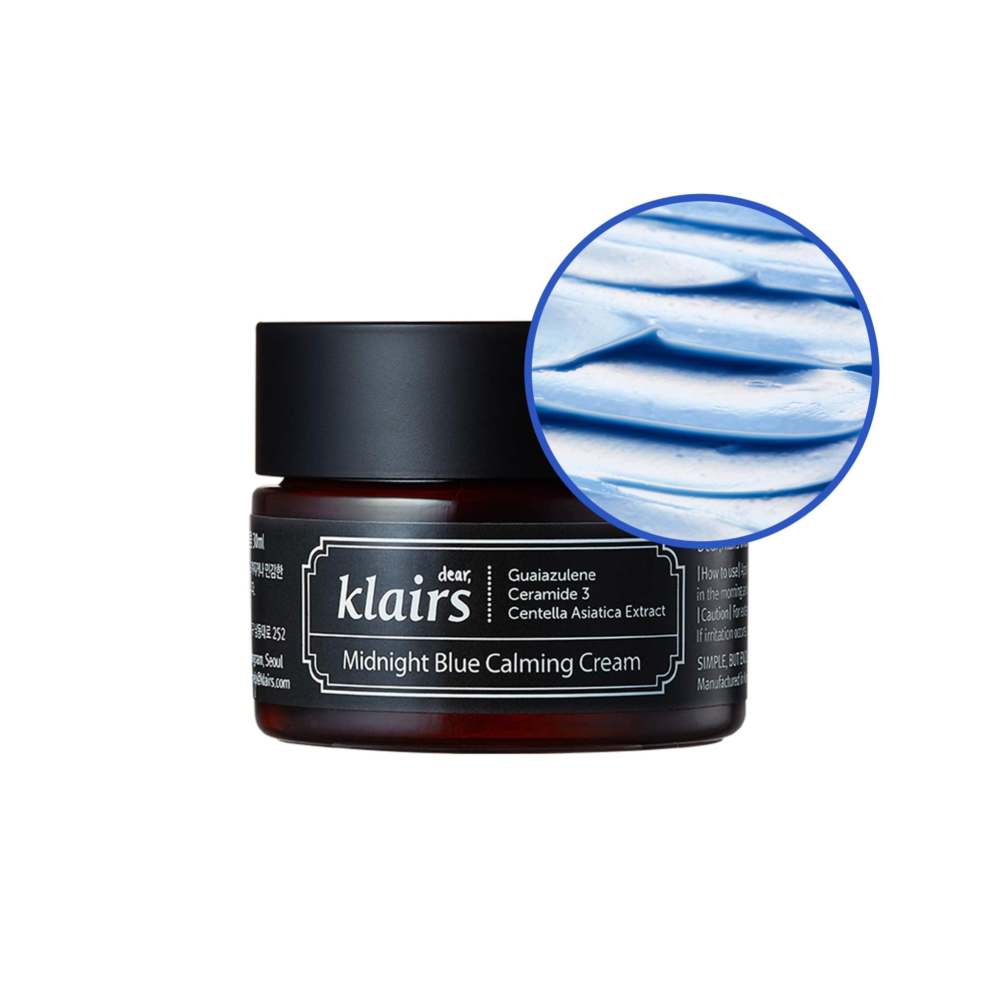DearKlairs Midnight Blue Calming Cream jar close-up showing soothing texture for sensitive skin relief.