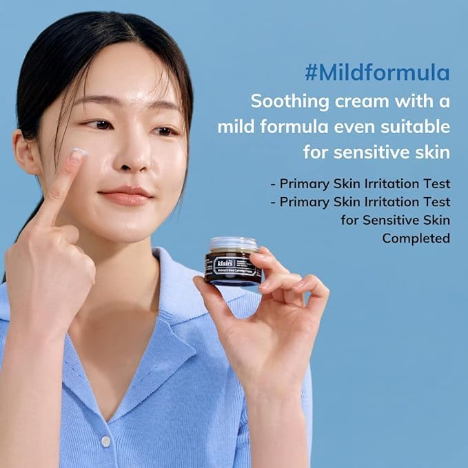DearKlairs Midnight Blue Calming Cream jar close-up highlights soothing formula for sensitive skin