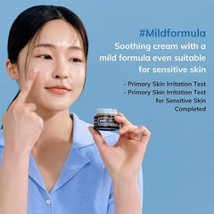 DearKlairs Midnight Blue Calming Cream jar close-up highlights soothing formula for sensitive skin
