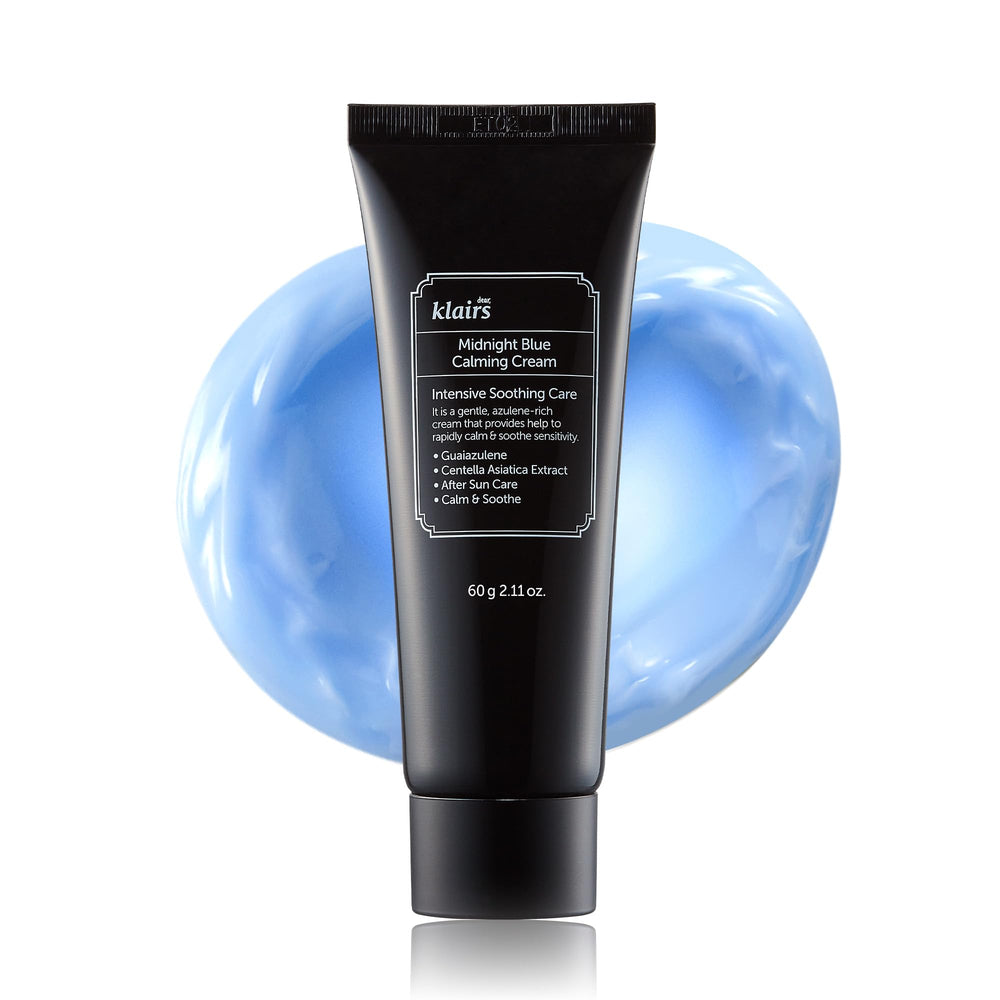 DearKlairs Midnight Blue Calming Cream packaging emphasizes soothing formula for sensitive skin.