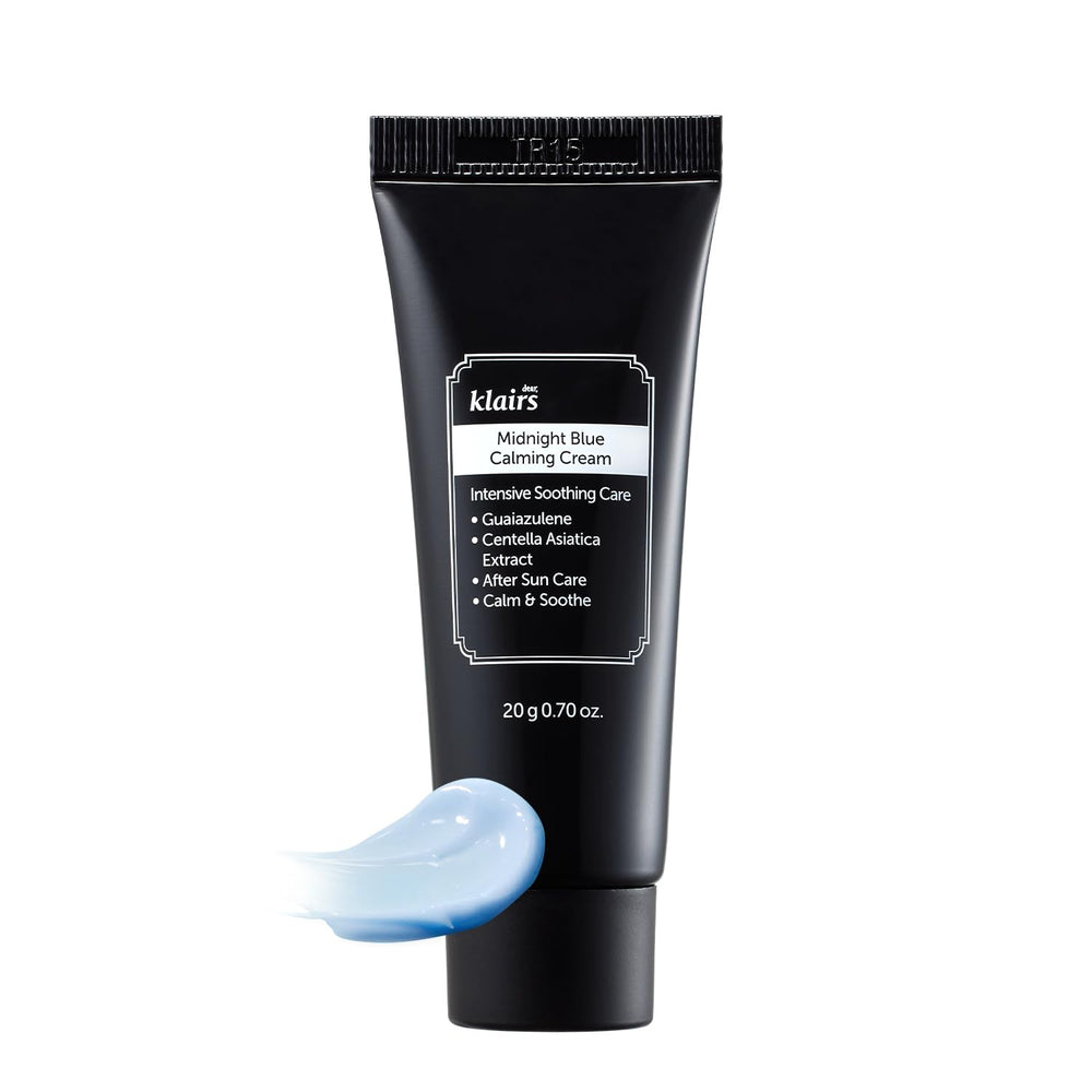 DearKlairs Midnight Blue Calming Cream packaging shows travel-friendly mini size for soothing care