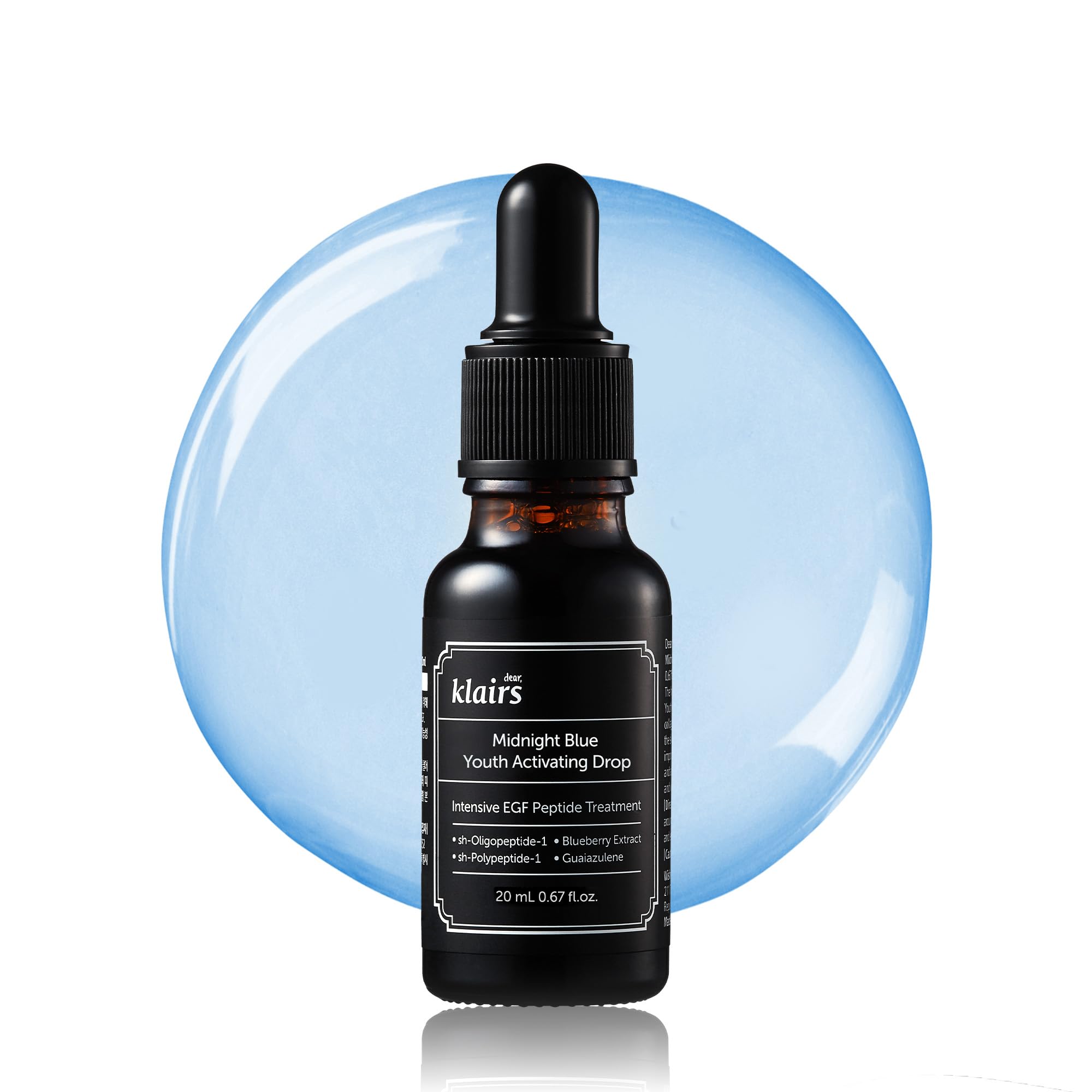 DearKlairs Midnight Blue Youth Activating Drop bottle front — calm, gentle skincare promise.