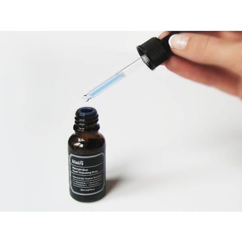 DearKlairs Midnight Blue Youth Activating Drop label close-up — soothing formula for redness support.