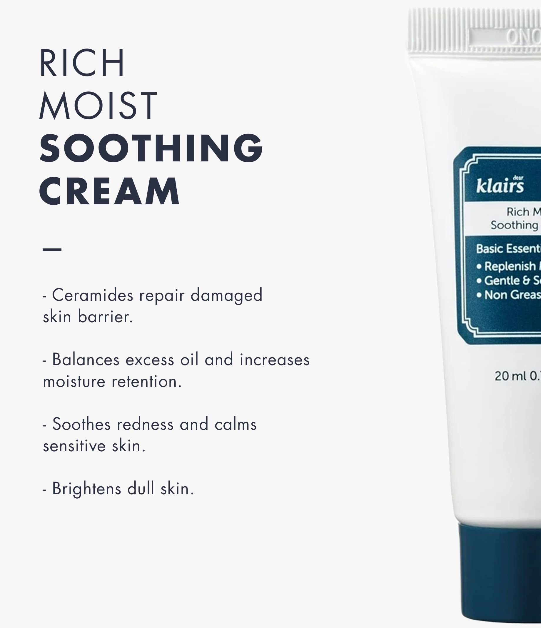 DearKlairs Rich Moist Soothing Cream texture highlights creamy spreadability for comfortable daily moisture