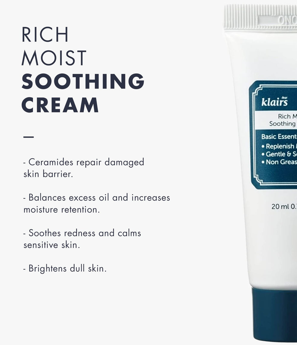 DearKlairs Rich Moist Soothing Cream texture highlights creamy spreadability for comfortable daily moisture