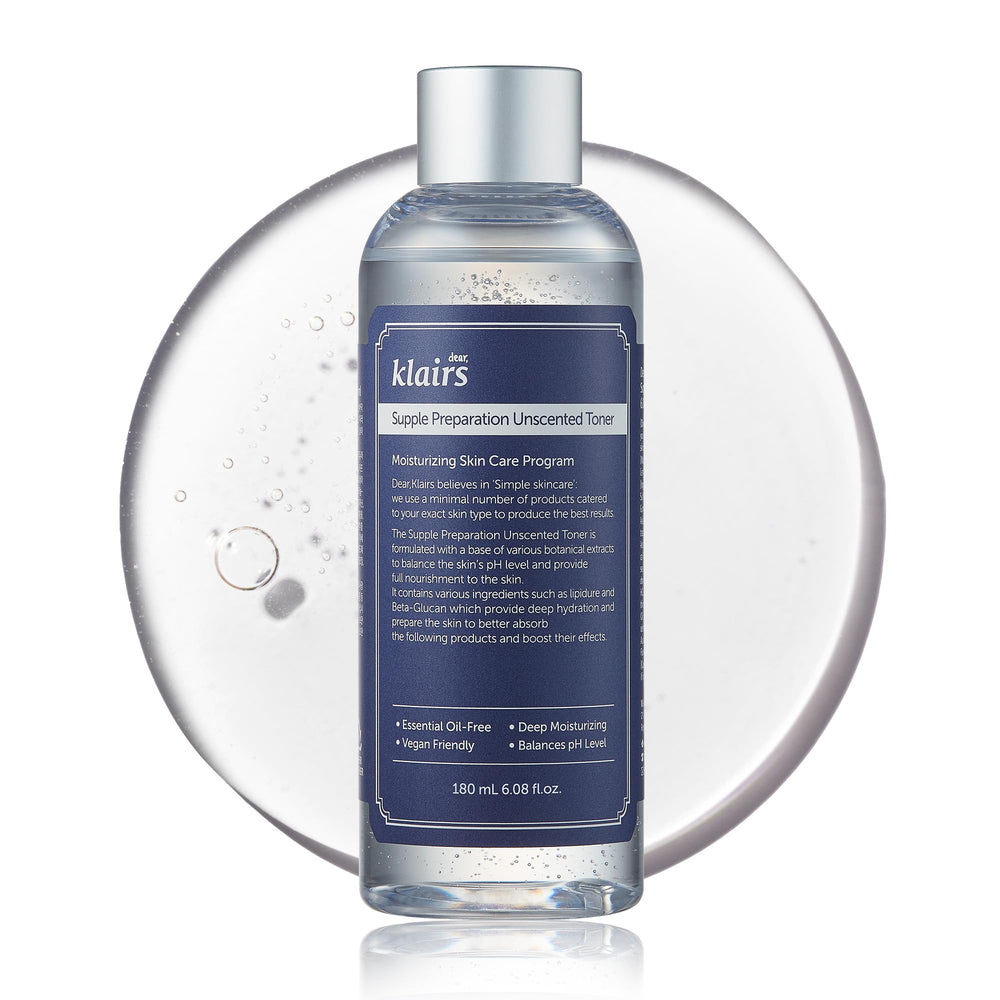 DearKlairs Supple Preparation Unscented Toner bottle shows lightweight hydration for all skin types