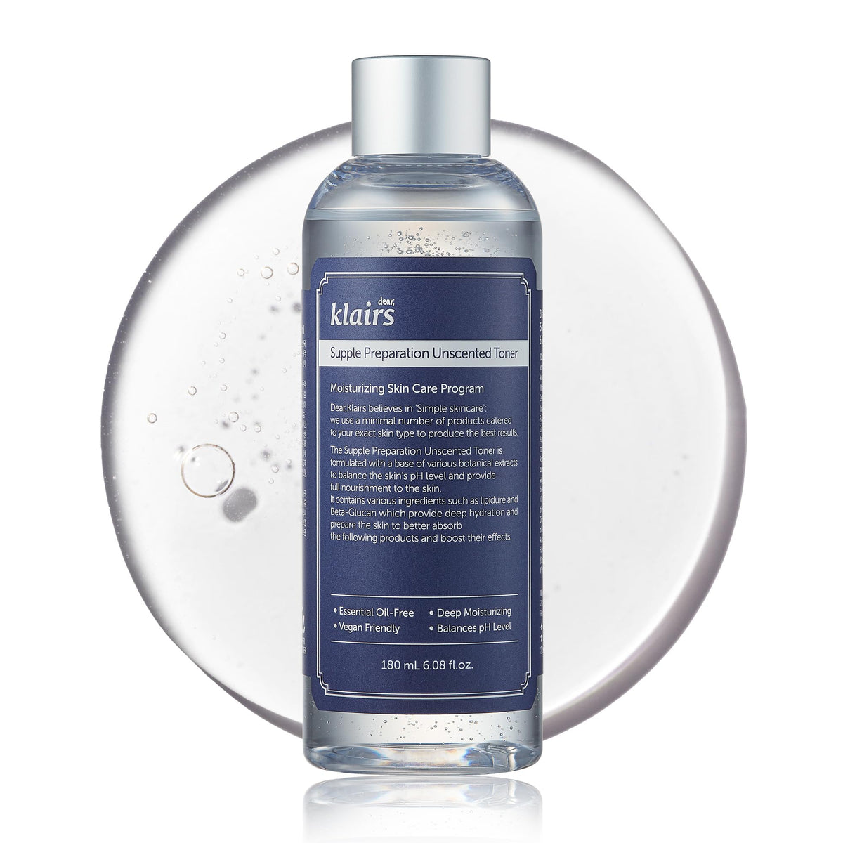 DearKlairs Supple Preparation Unscented Toner bottle shows lightweight hydration for all skin types
