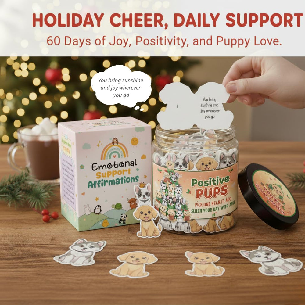 DEARMINE Positive Pups Jar cards stack displaying colorful affirmations for daily motivation