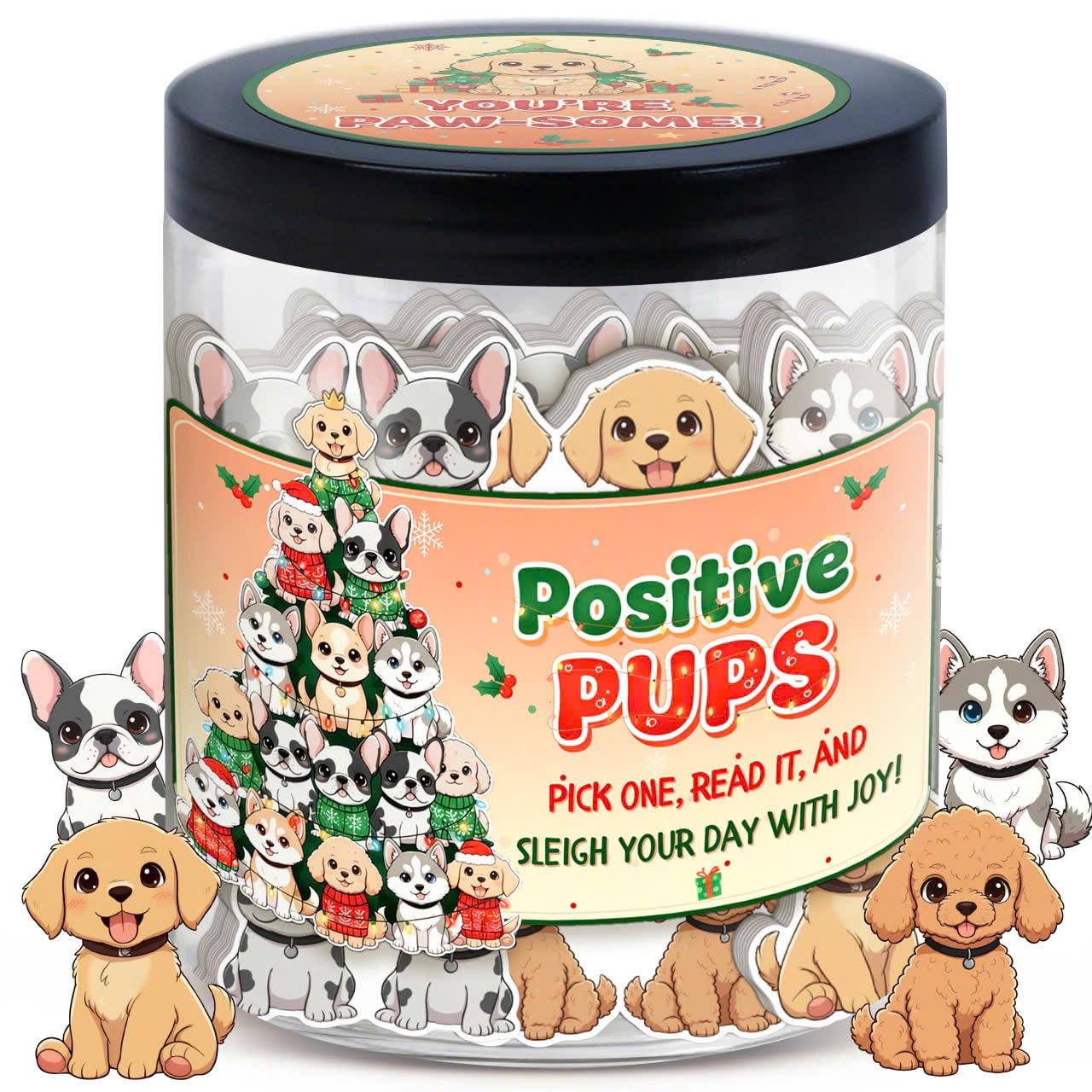 DEARMINE Positive Pups Jar cover with festive design for holiday gifting and desk inspiration