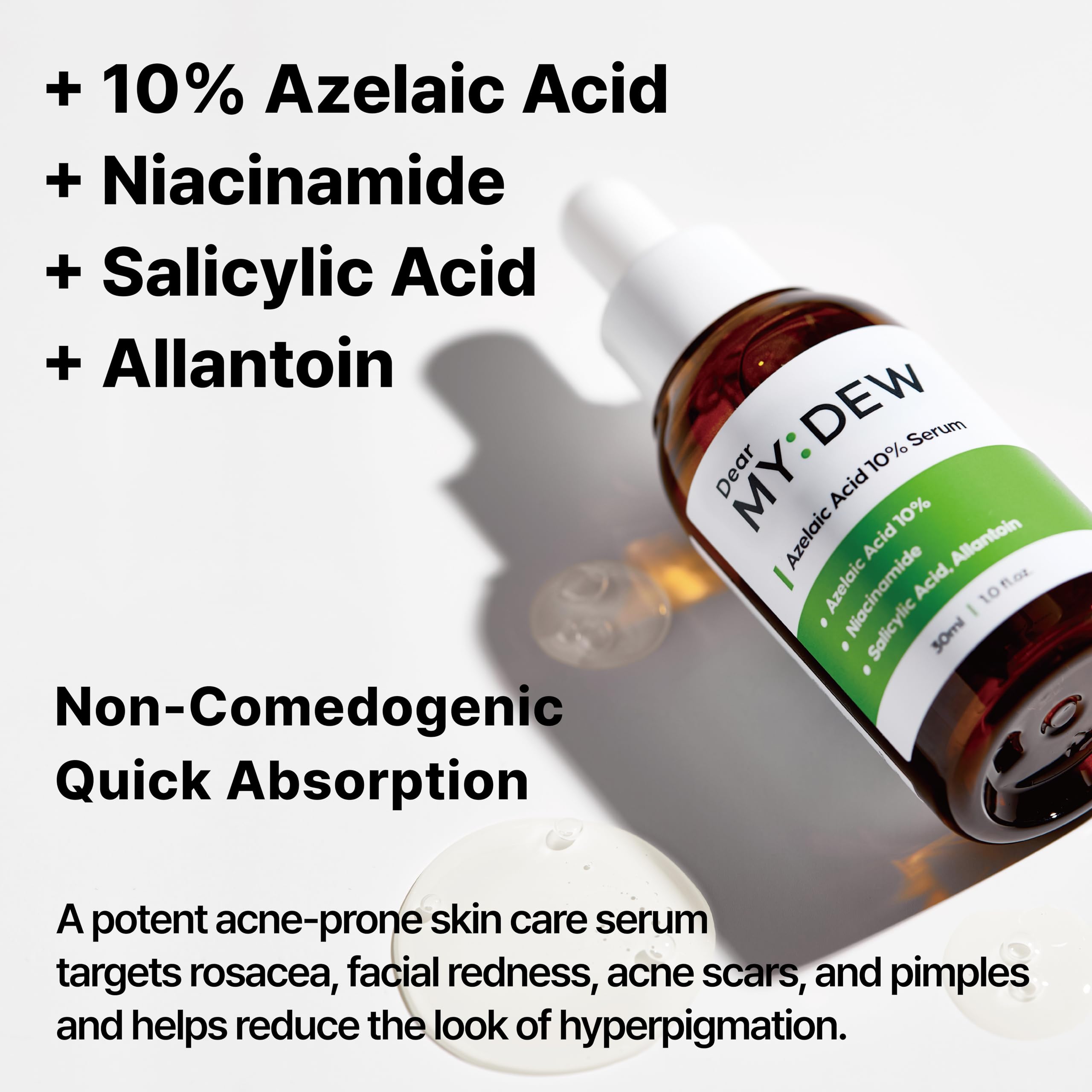 DearMYDEW serum pump-top closeup emphasizes precise application for targeted blemish control.