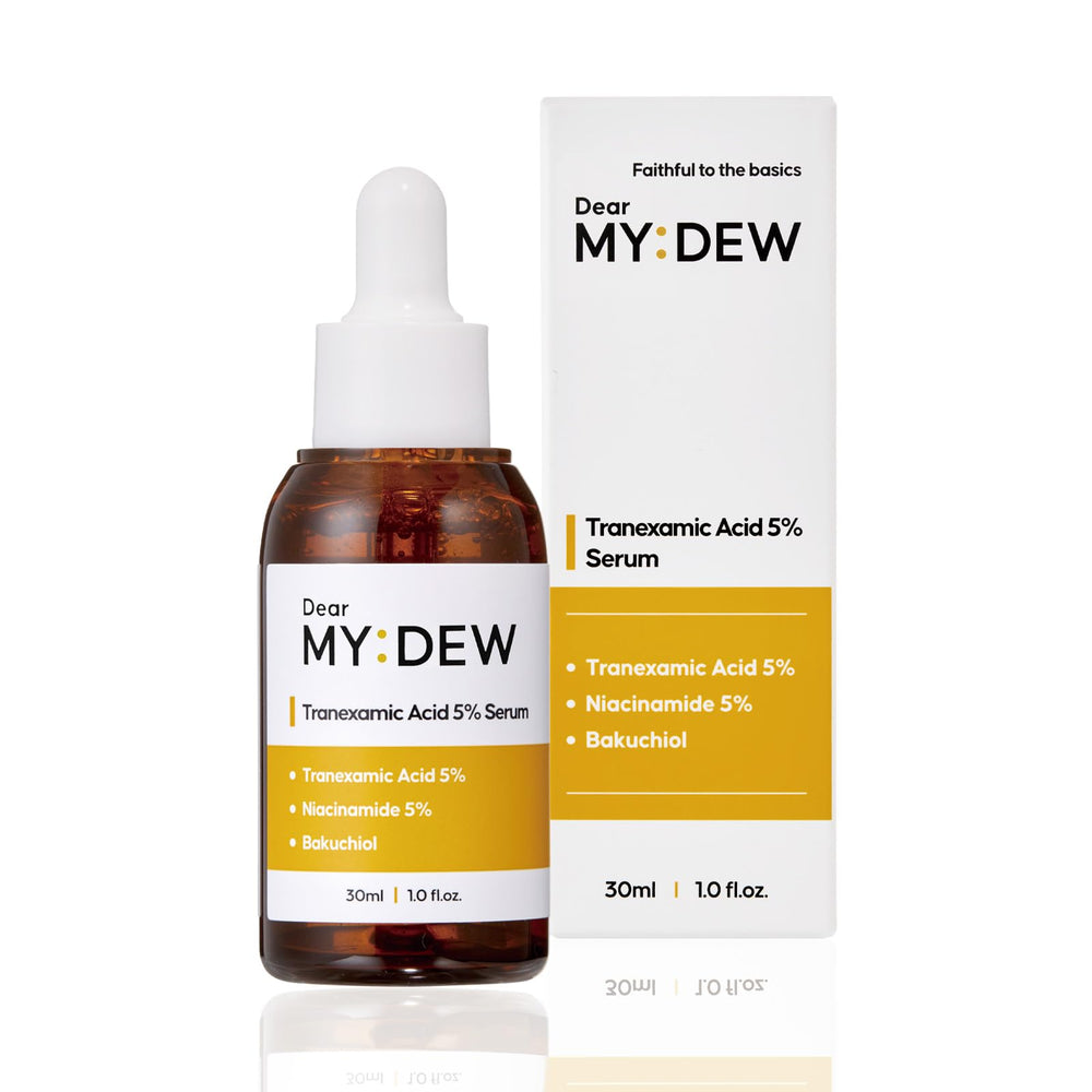DearMYDEW serum bottle closeup shows fast-absorbing formula for daily use.