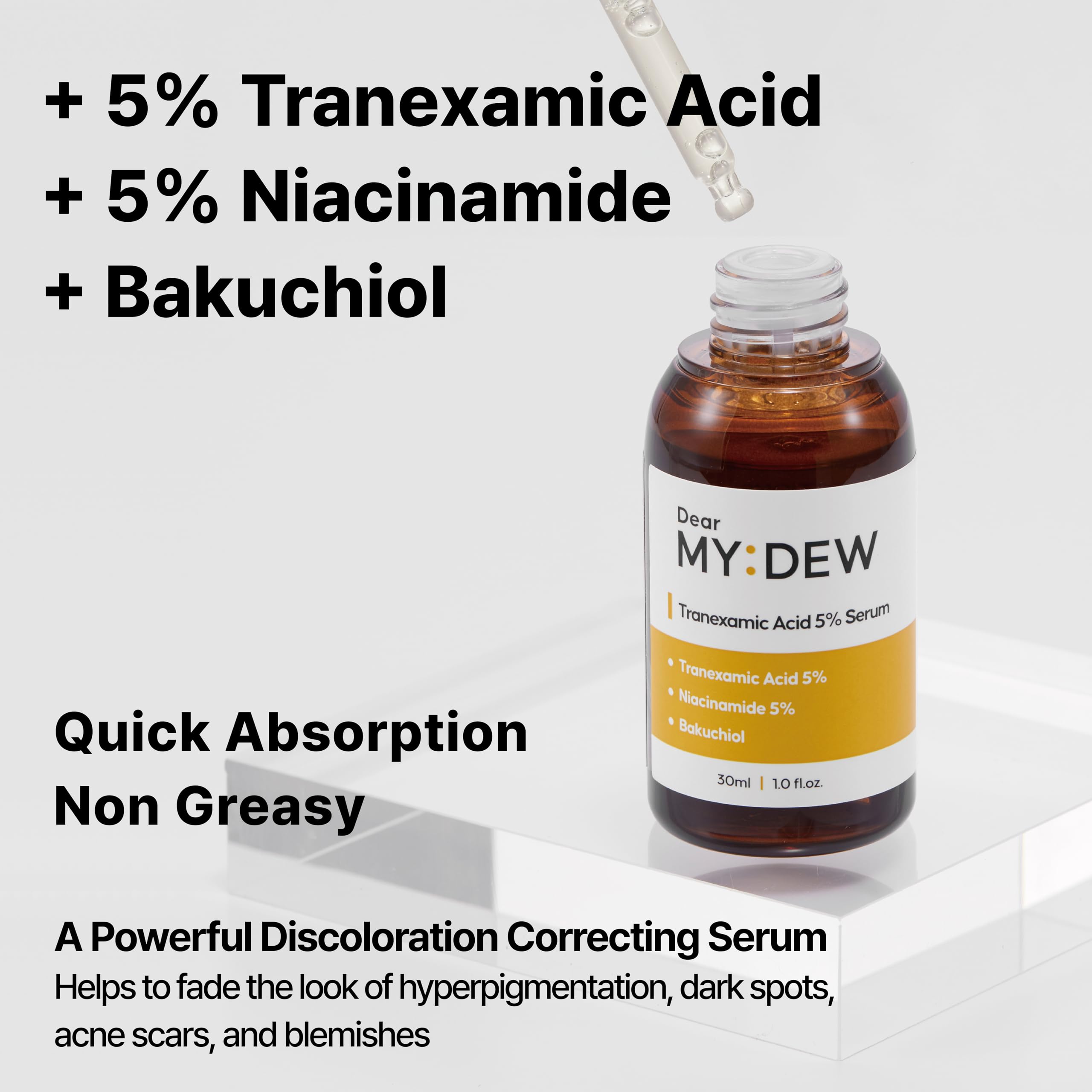 DearMYDEW tranexamic acid 5% image highlights brightening opportunities for uneven tone.