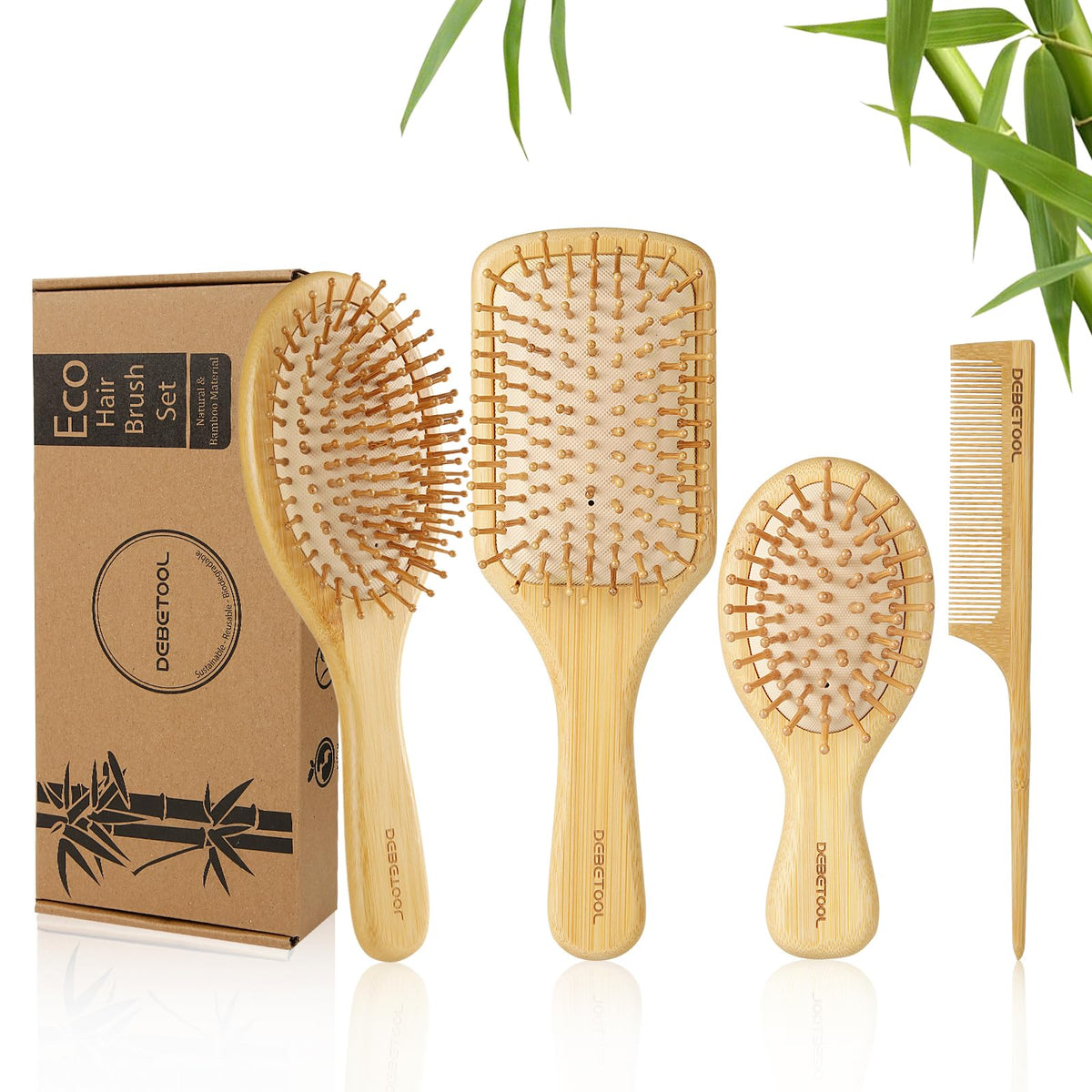 DEBETOOL bamboo hair brush wide-tooth close-up showing gentle detangling and scalp massage.