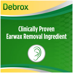 Debrox drops bottle label highlighting carbamide peroxide benefit