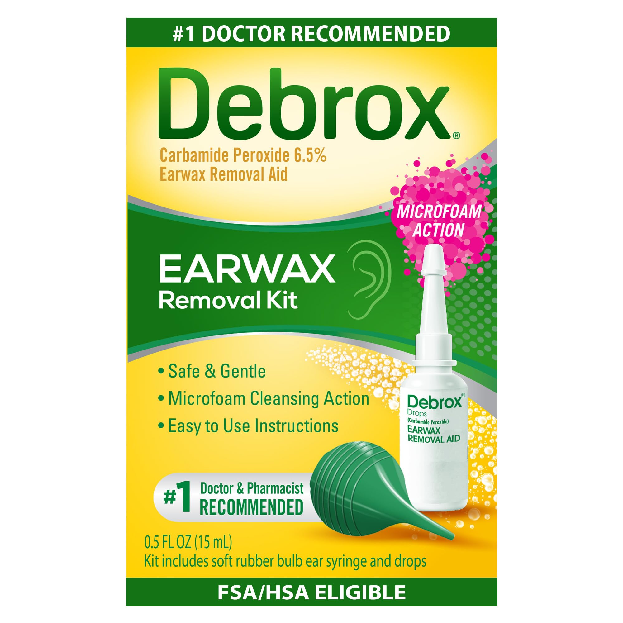 Debrox front packaging showing kit contents and clear usage benefit