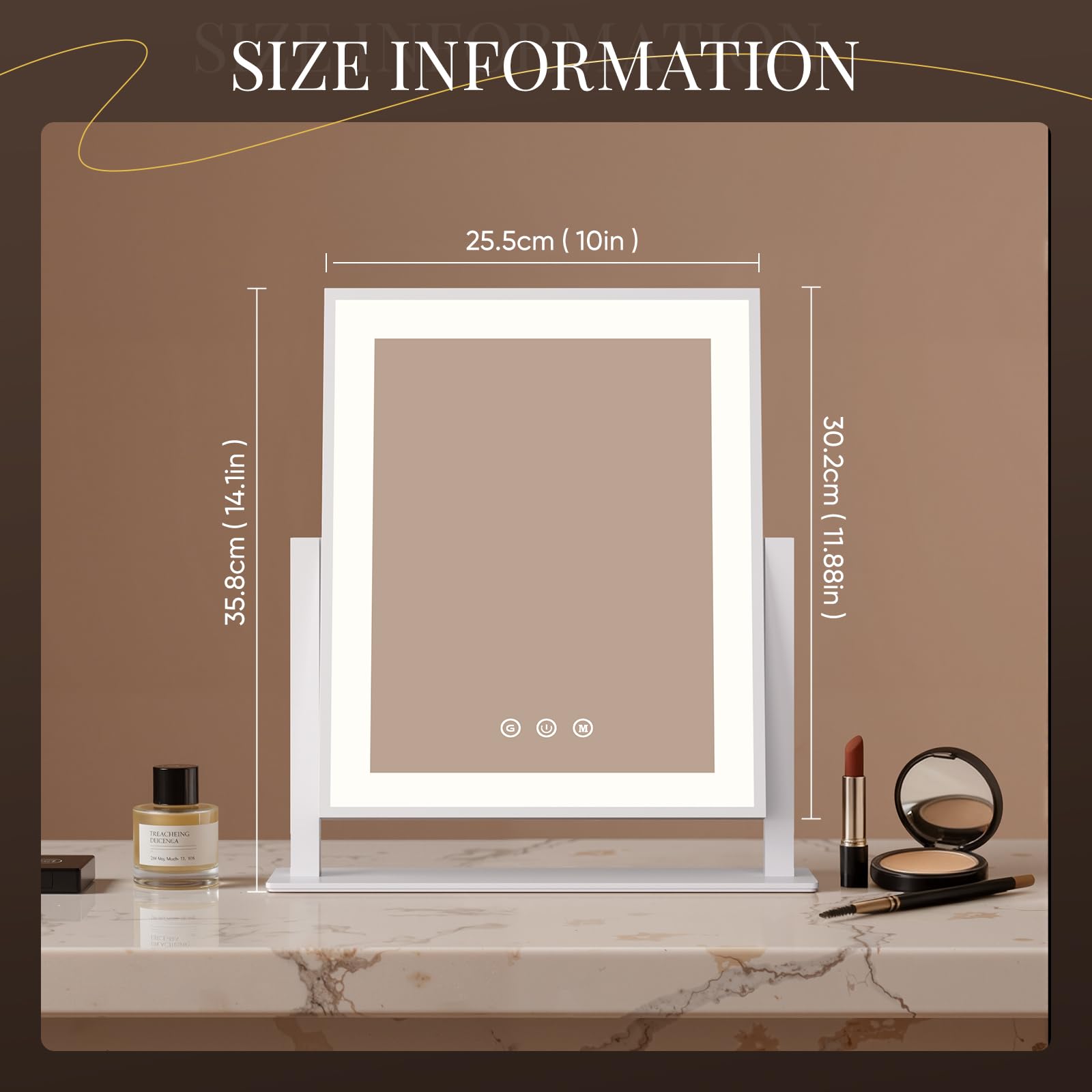 DECADENCE makeup mirror base provides stable, wobble-free grooming platform.