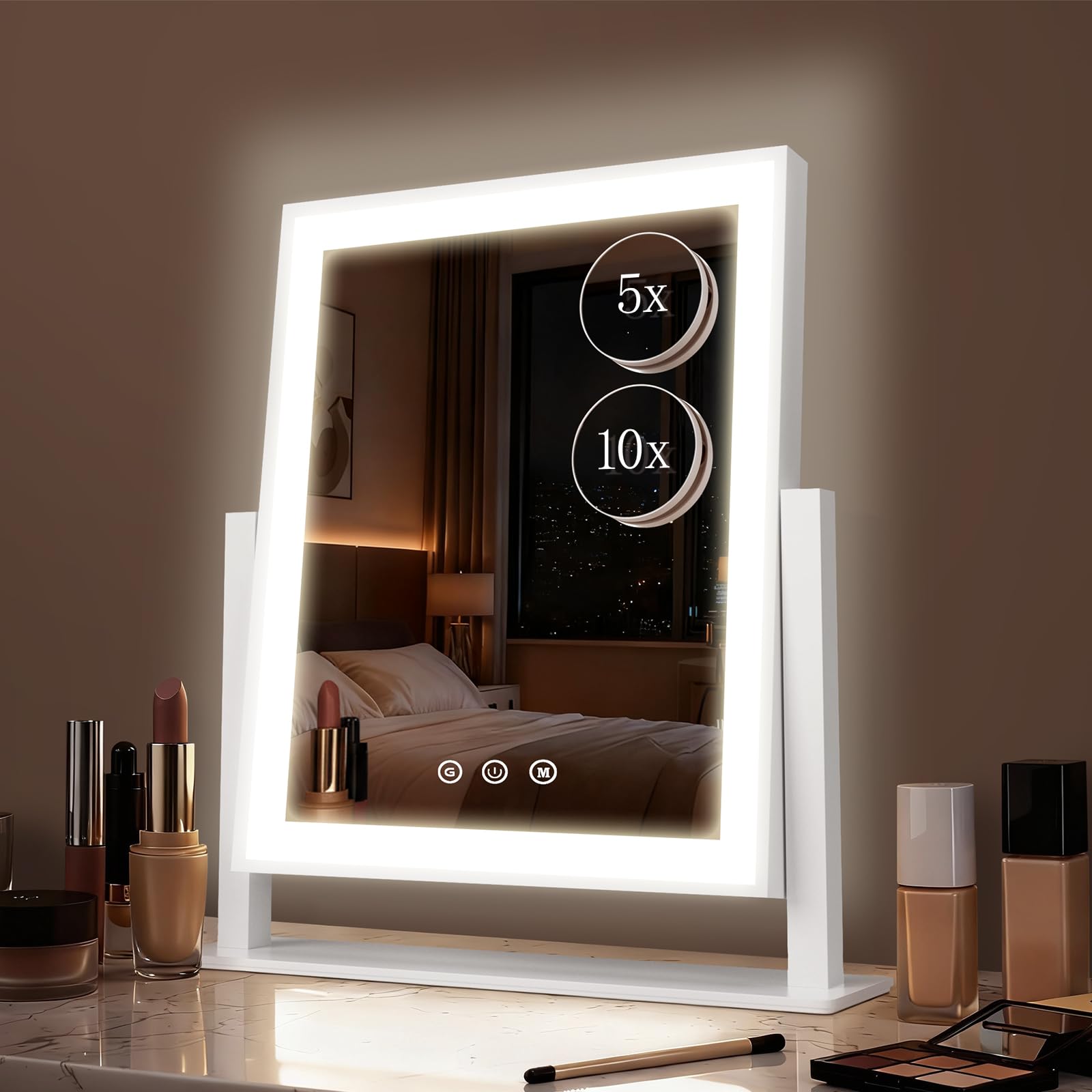 DECADENCE makeup mirror front view with bright LEDs for precise makeup lighting.