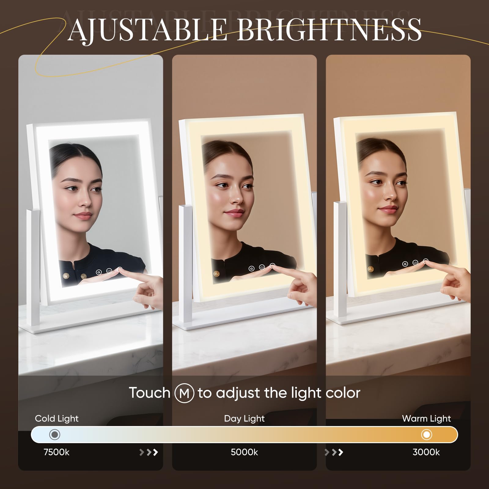 DECADENCE makeup mirror tilt angle demonstrates 360-degree rotation for easy viewing.