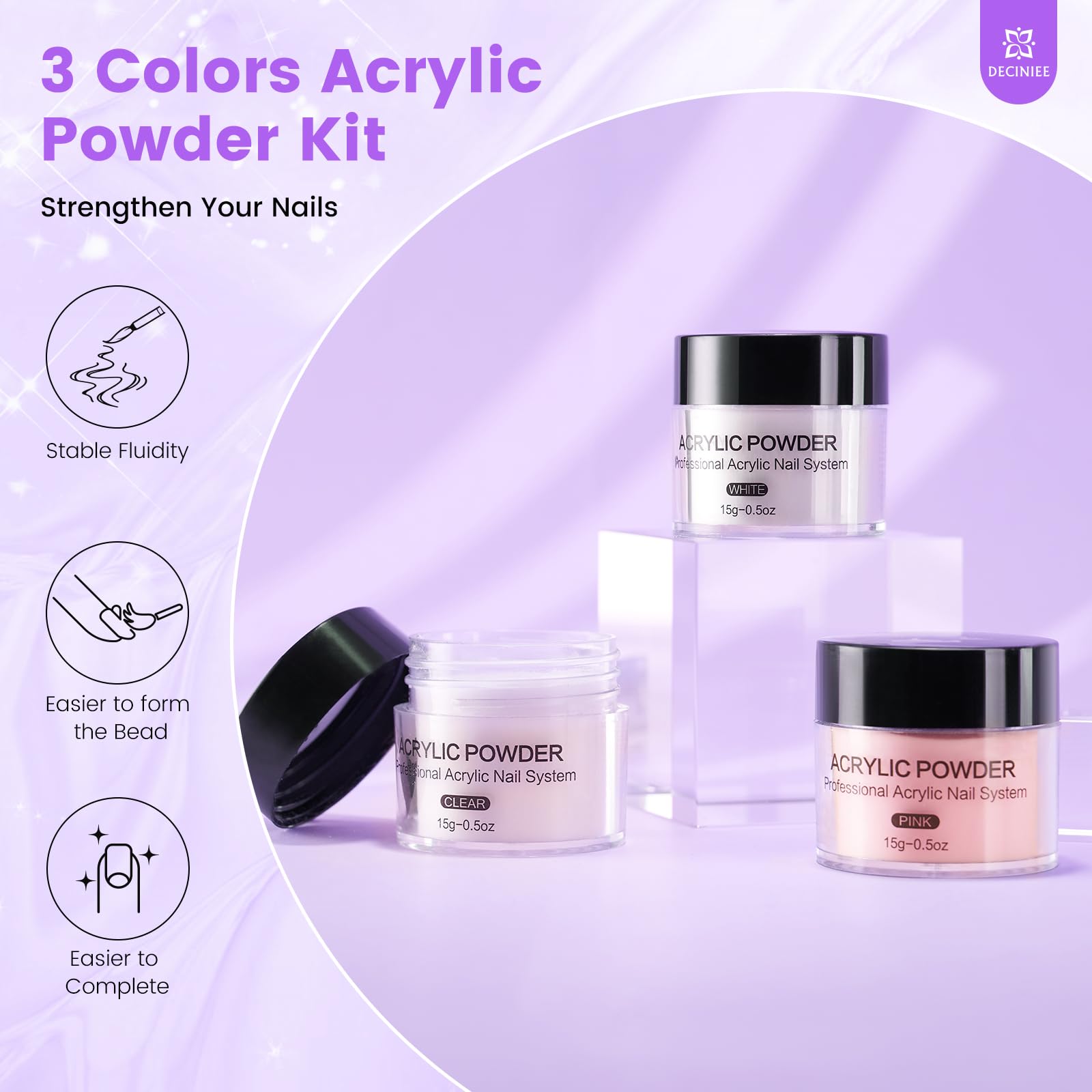 Deciniee acrylic liquid 70ml offers smooth consistency for beginners.