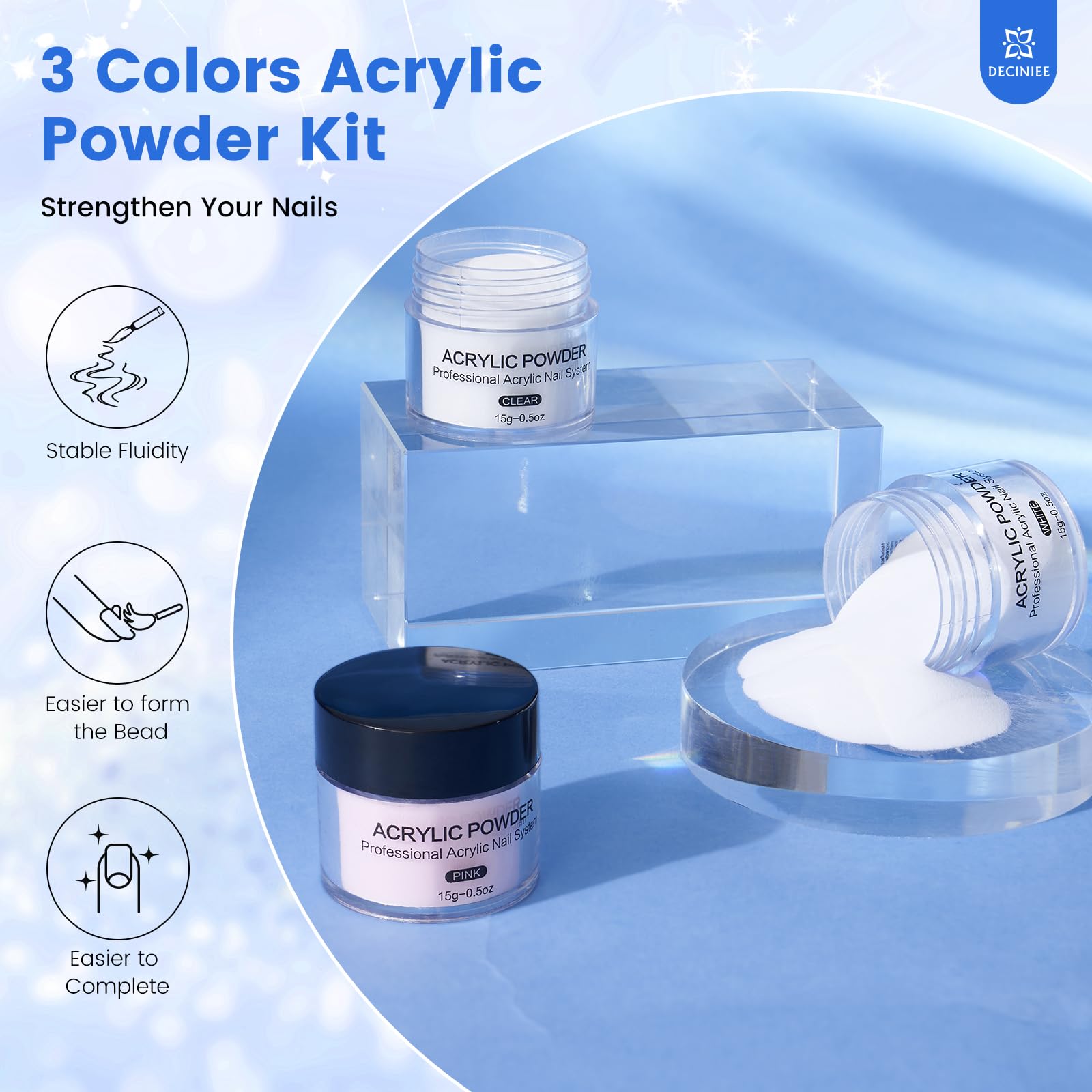 Deciniee acrylic powder 15g in three colors offers shade variety.