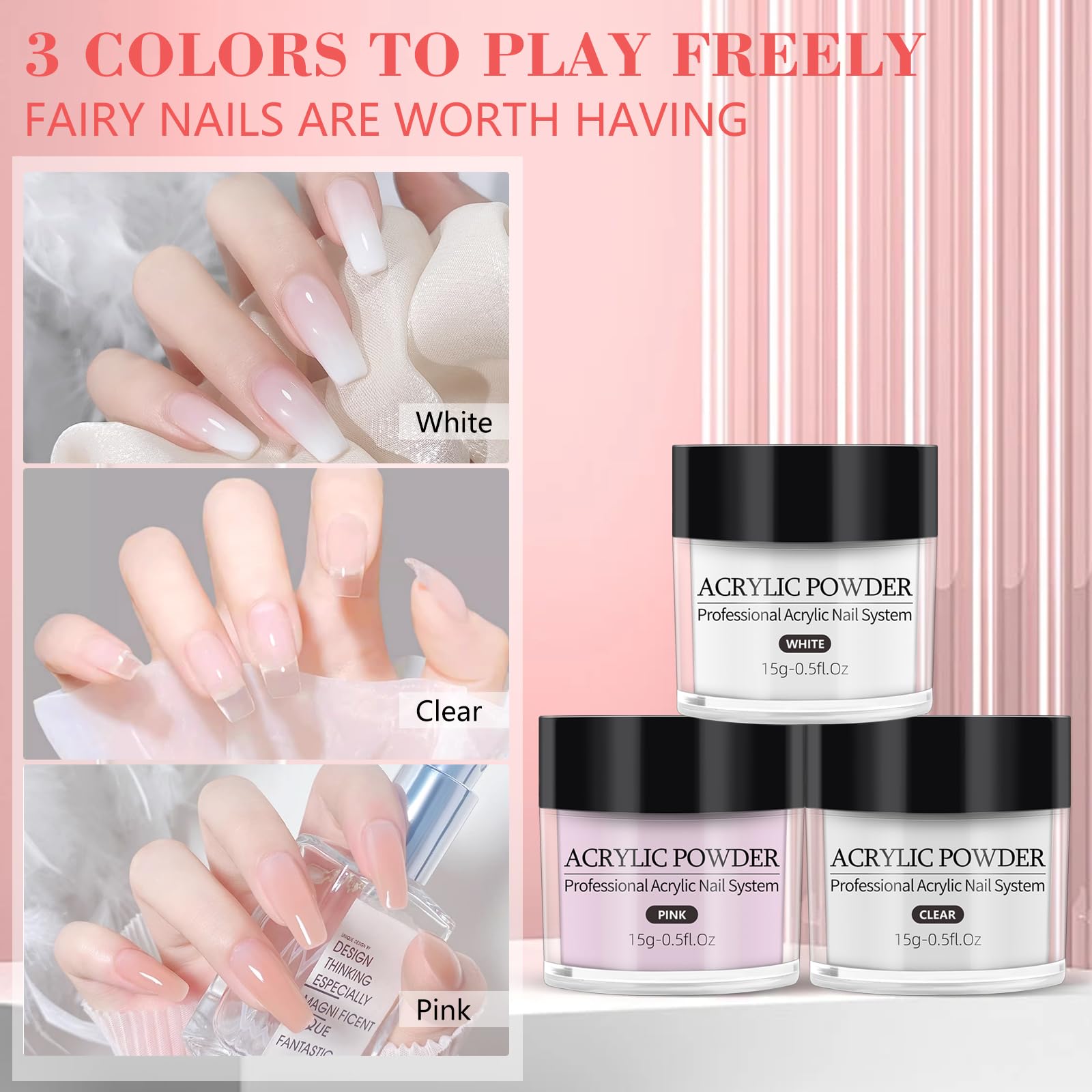 Deciniee acrylic powder clear provides transparent base for natural-looking nail art practice.