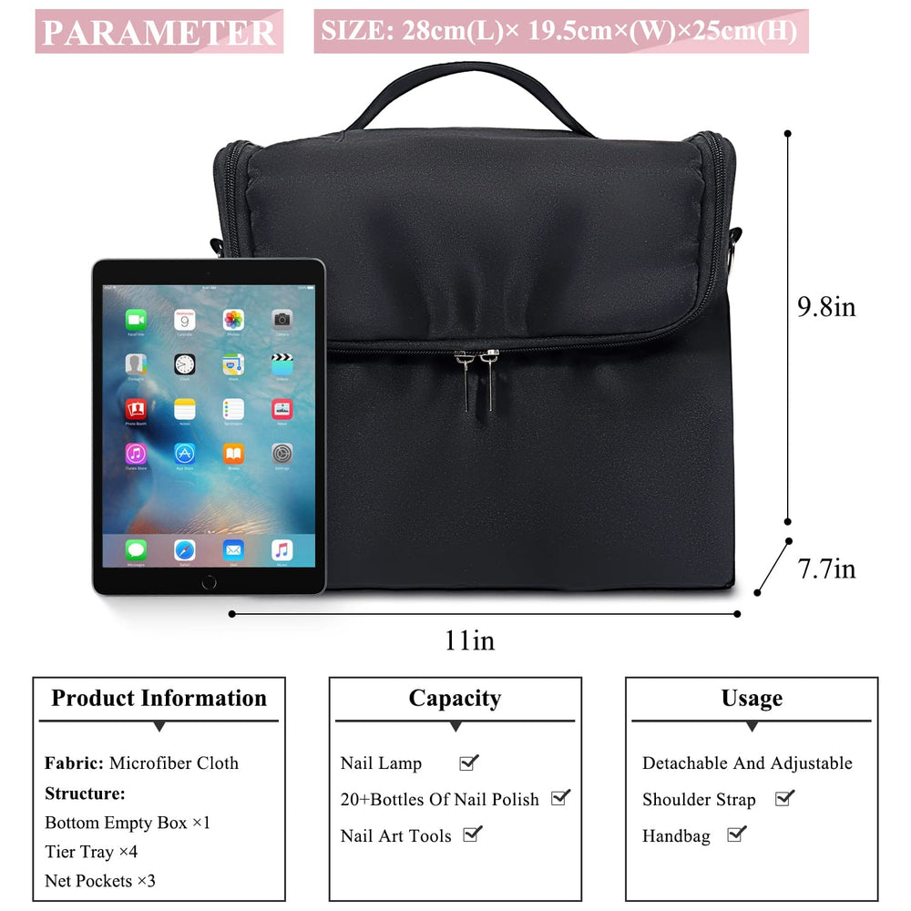 Deciniee cosmetic travel bag with detachable shoulder strap for hands-free packing.