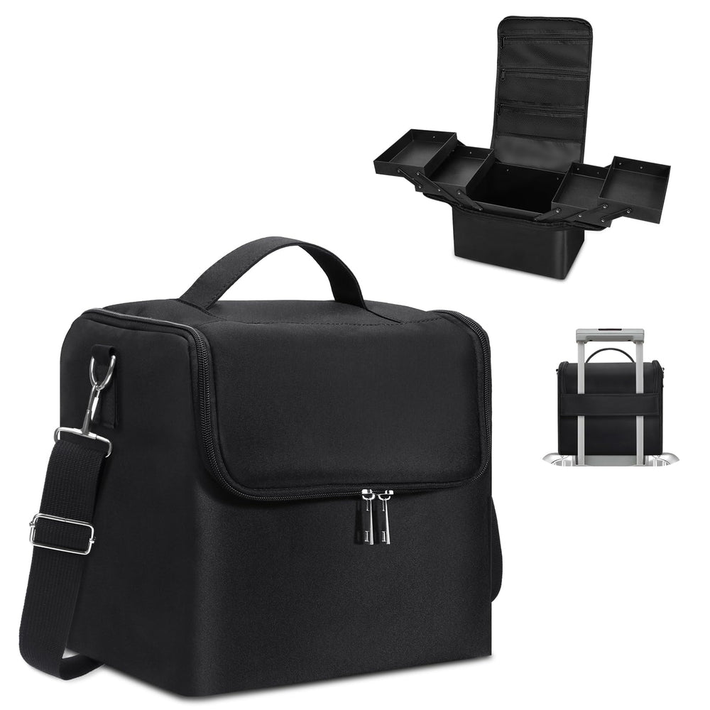 Deciniee large makeup train case in black with organized cosmetics on the go.