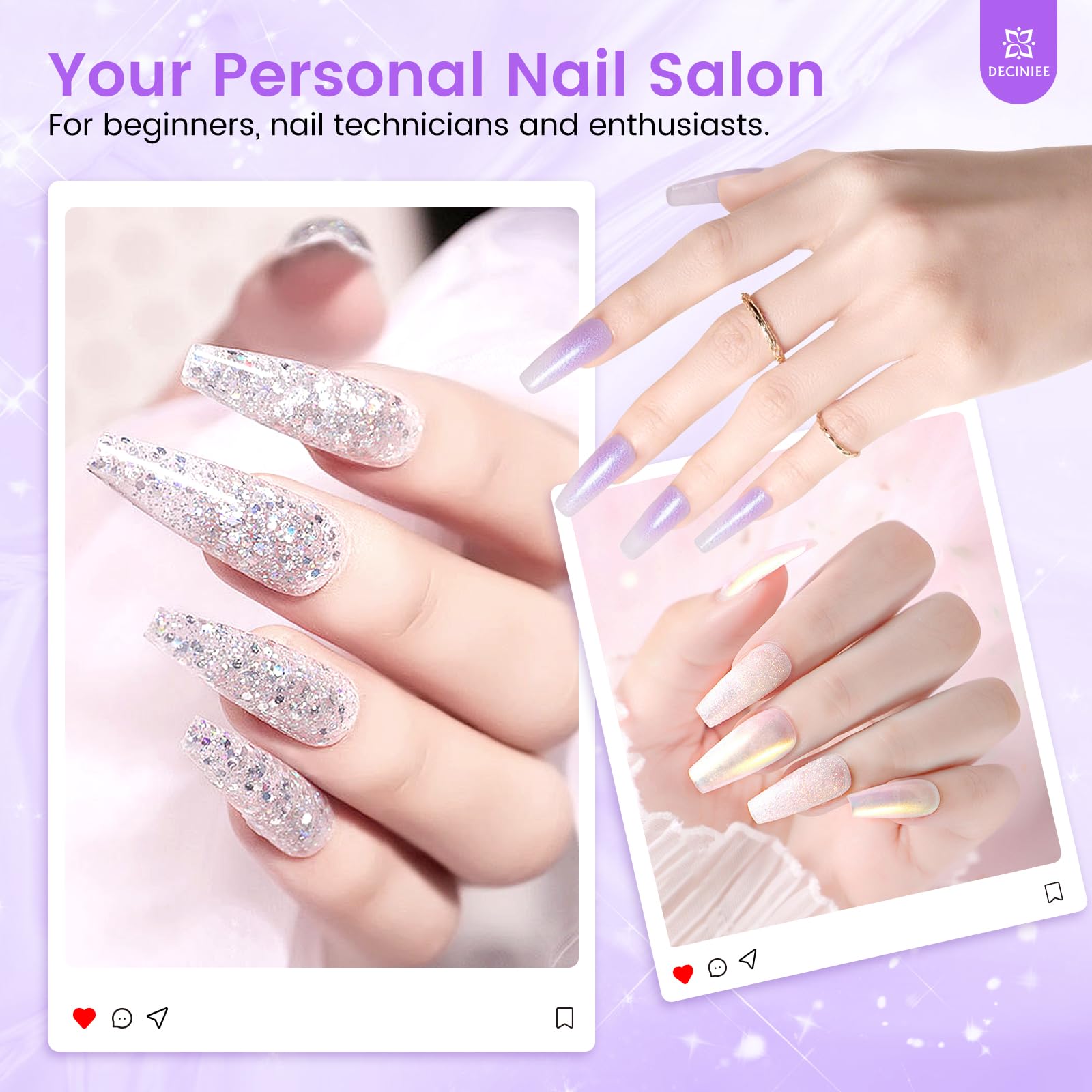 Deciniee nail tools brushes and forms enable precise shapes.