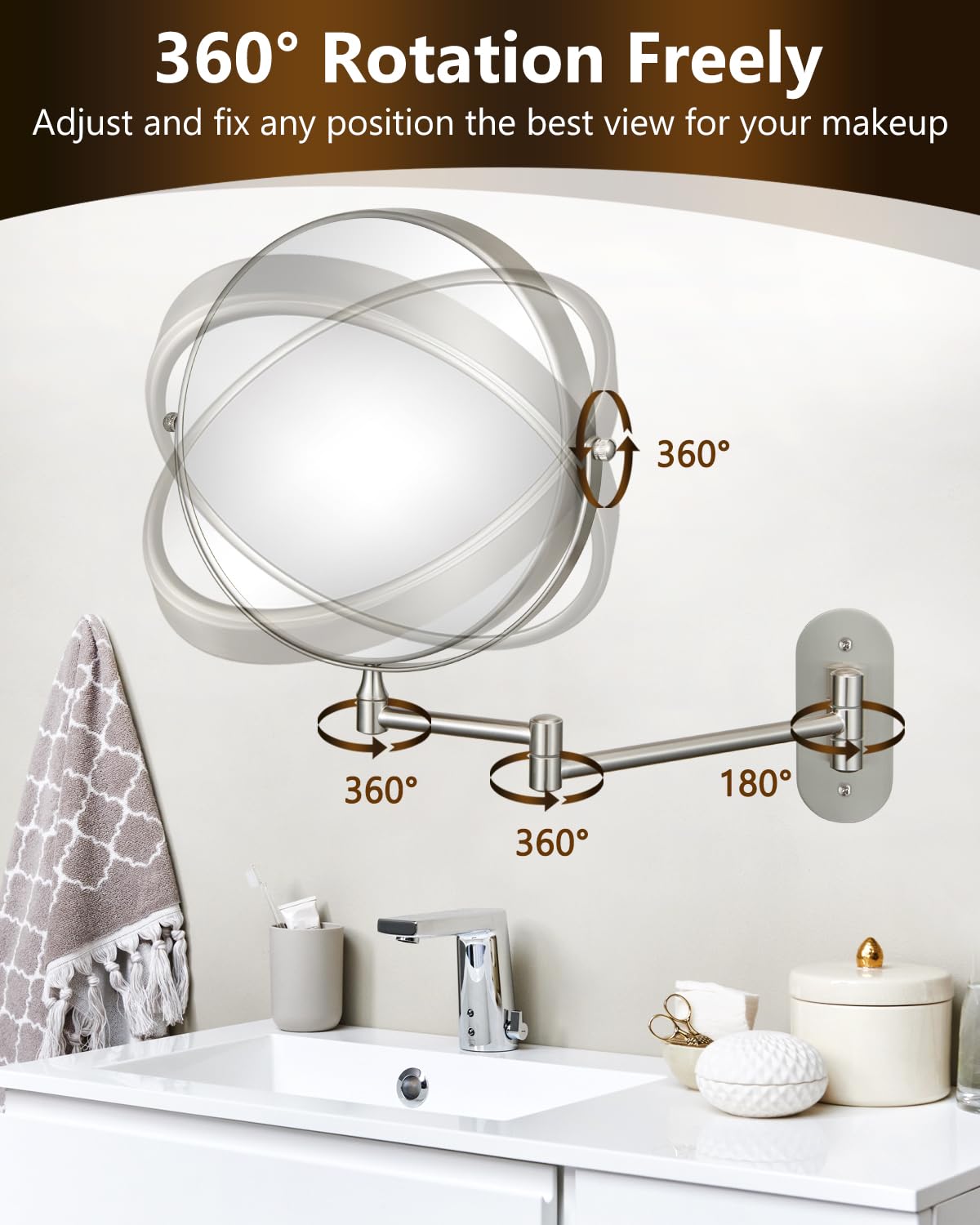Decluttr 9in wall makeup mirror 360-degree rotation for flexible angles